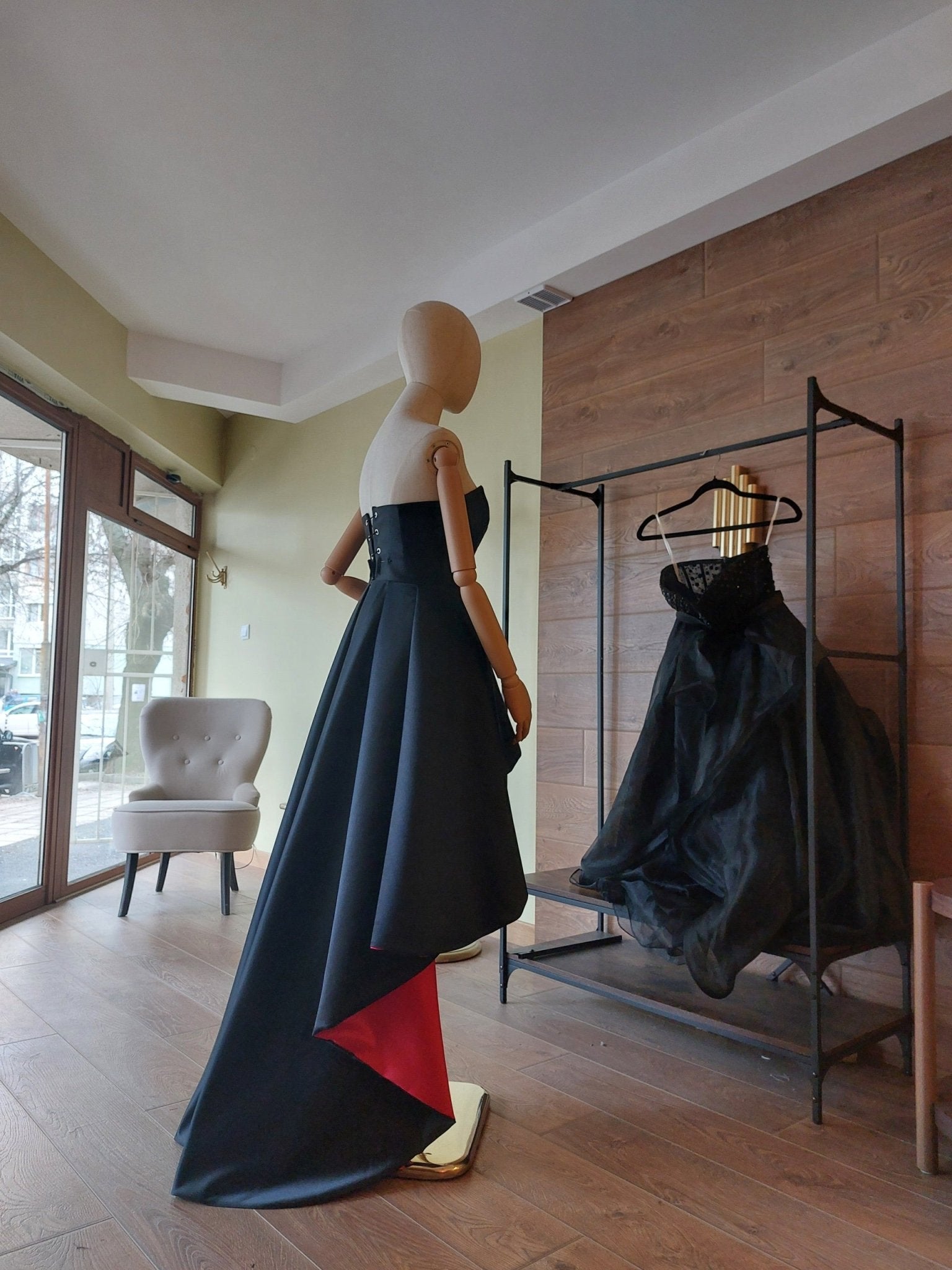 Black & Red Satin Corset and High - Low Skirt Set | Hourglass Corset with Quilted Cups | Couture Evening Outfit - Made To Measure By Asya Kolarova