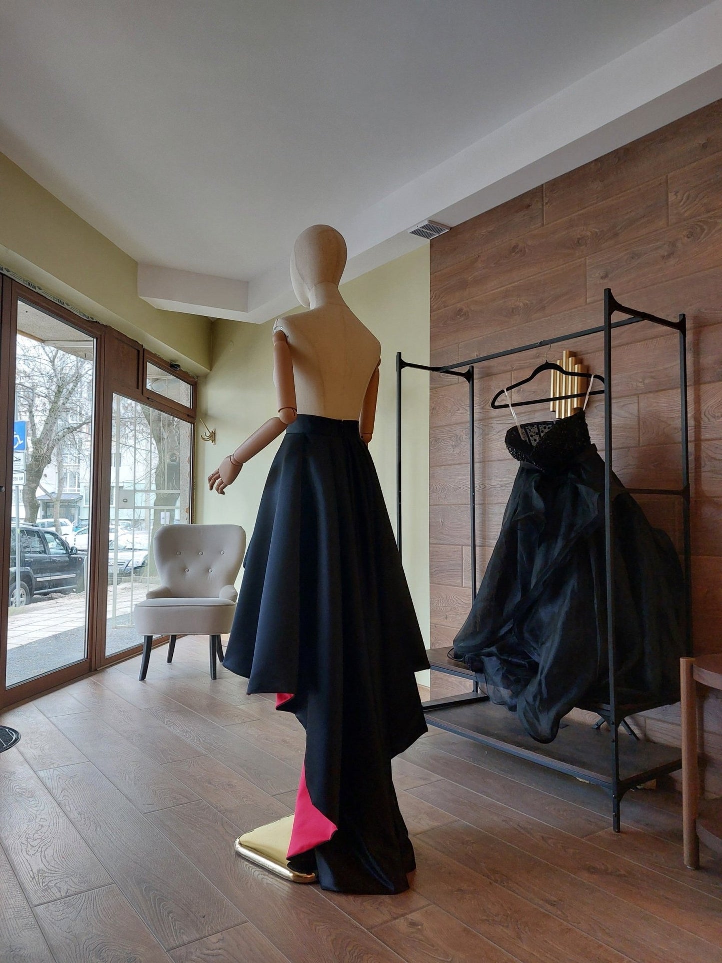 Black & Red Satin Corset and High - Low Skirt Set | Hourglass Corset with Quilted Cups | Couture Evening Outfit - Made To Measure By Asya Kolarova