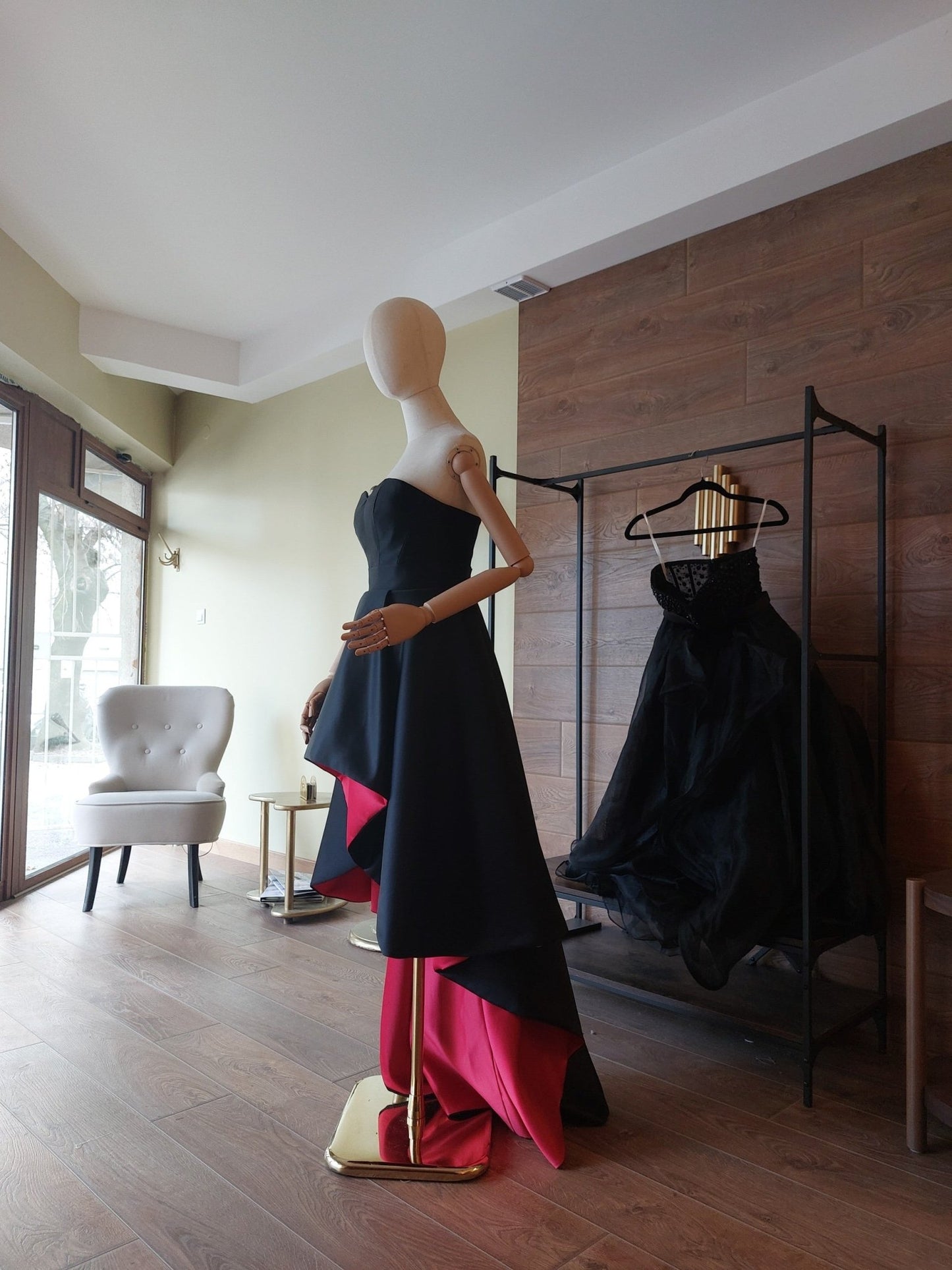 Black & Red Satin Corset and High - Low Skirt Set | Hourglass Corset with Quilted Cups | Couture Evening Outfit - Made To Measure By Asya Kolarova