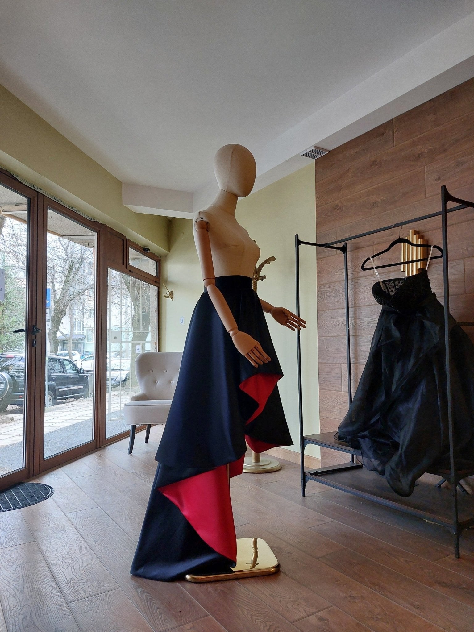 Black & Red Satin Corset and High - Low Skirt Set | Hourglass Corset with Quilted Cups | Couture Evening Outfit - Made To Measure By Asya Kolarova