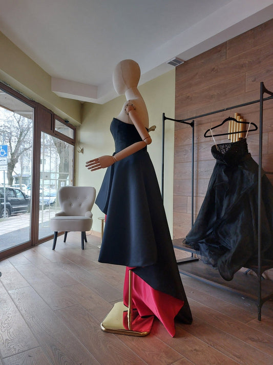 Black & Red Satin Corset and High - Low Skirt Set | Hourglass Corset with Quilted Cups | Couture Evening Outfit - Made To Measure By Asya Kolarova