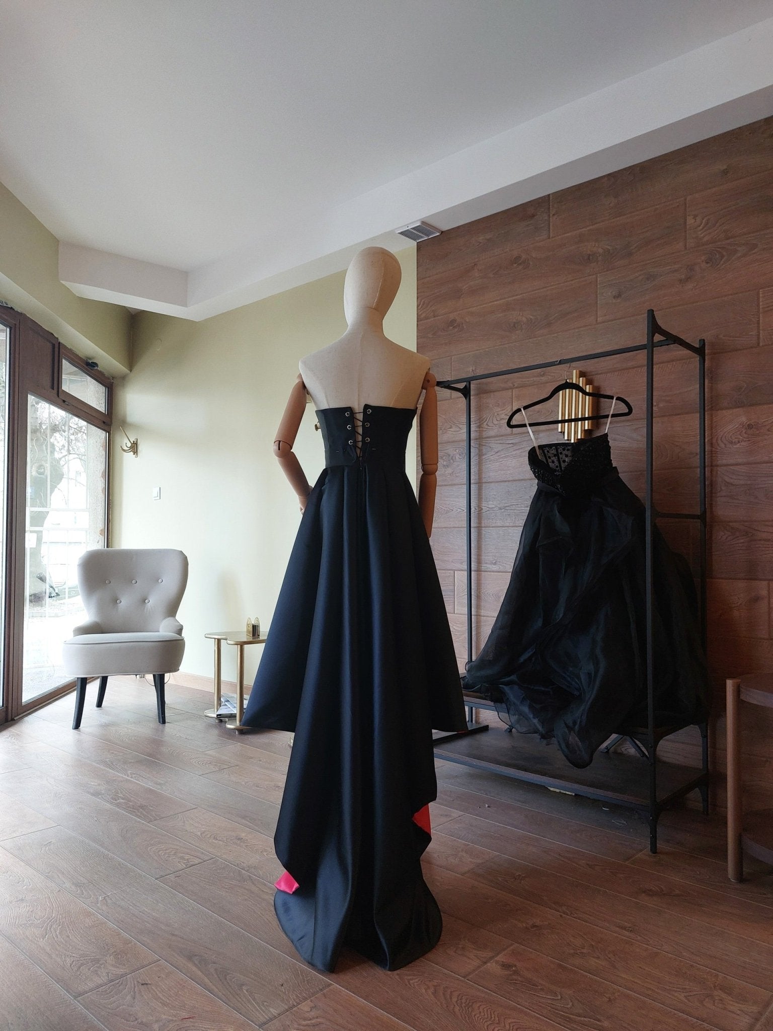 Black & Red Satin Corset and High - Low Skirt Set | Hourglass Corset with Quilted Cups | Couture Evening Outfit - Made To Measure By Asya Kolarova