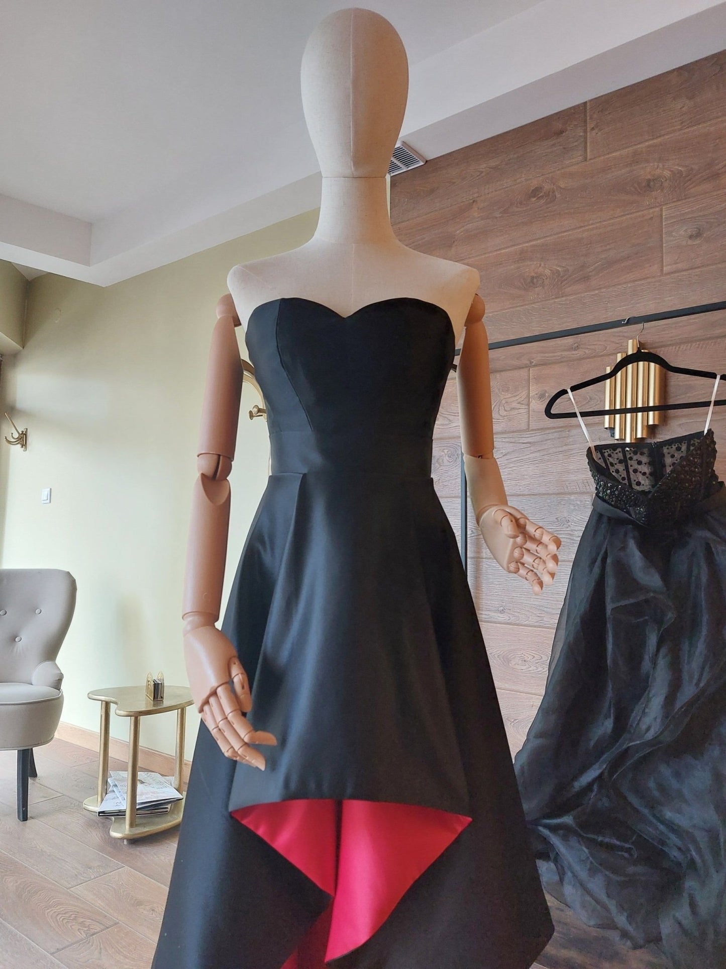 Black & Red Satin Corset and High - Low Skirt Set | Hourglass Corset with Quilted Cups | Couture Evening Outfit - Made To Measure By Asya Kolarova