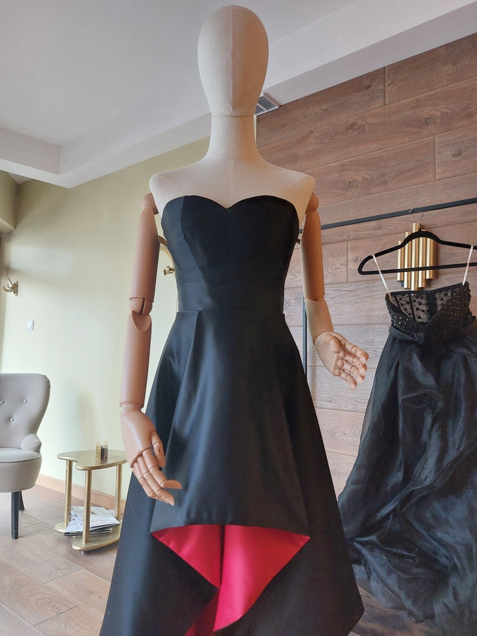 Black & Red Satin Corset and High - Low Skirt Set | Hourglass Corset with Quilted Cups | Couture Evening Outfit - Made To Measure By Asya Kolarova