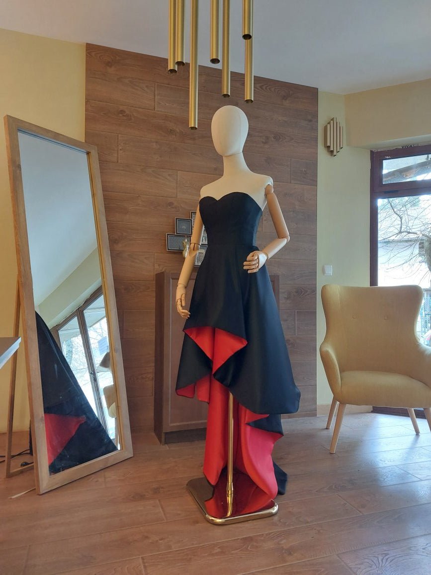 Black & Red Satin Corset and High - Low Skirt Set | Hourglass Corset with Quilted Cups | Couture Evening Outfit - Made To Measure By Asya Kolarova