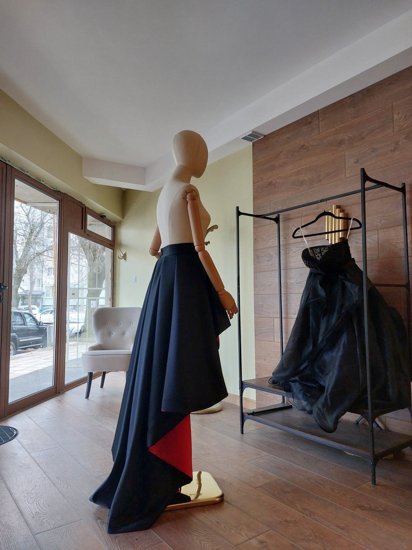 Black & Red Satin Corset and High - Low Skirt Set | Hourglass Corset with Quilted Cups | Couture Evening Outfit - Made To Measure By Asya Kolarova