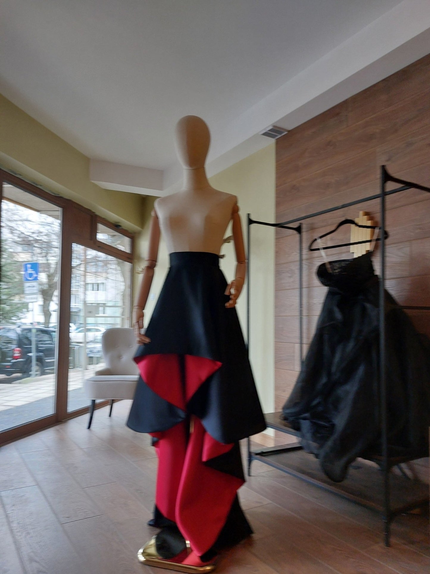 Black & Red Satin Corset and High - Low Skirt Set | Hourglass Corset with Quilted Cups | Couture Evening Outfit - Made To Measure By Asya Kolarova