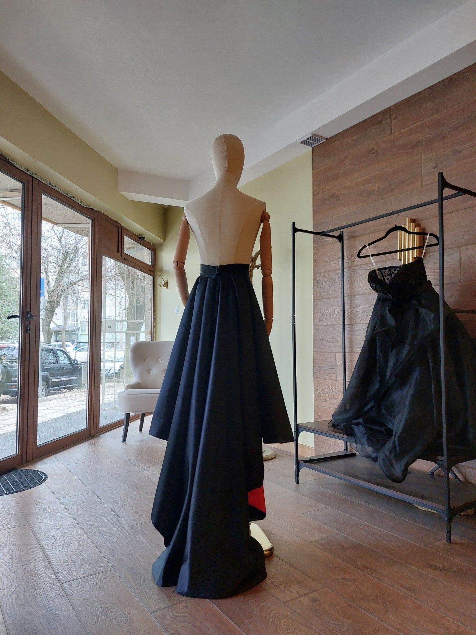 Black & Red Satin Corset and High - Low Skirt Set | Hourglass Corset with Quilted Cups | Couture Evening Outfit - Made To Measure By Asya Kolarova