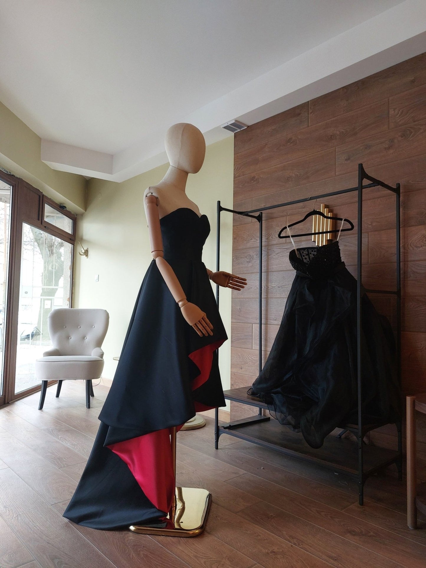 Black & Red Satin Corset and High - Low Skirt Set | Hourglass Corset with Quilted Cups | Couture Evening Outfit - Made To Measure By Asya Kolarova