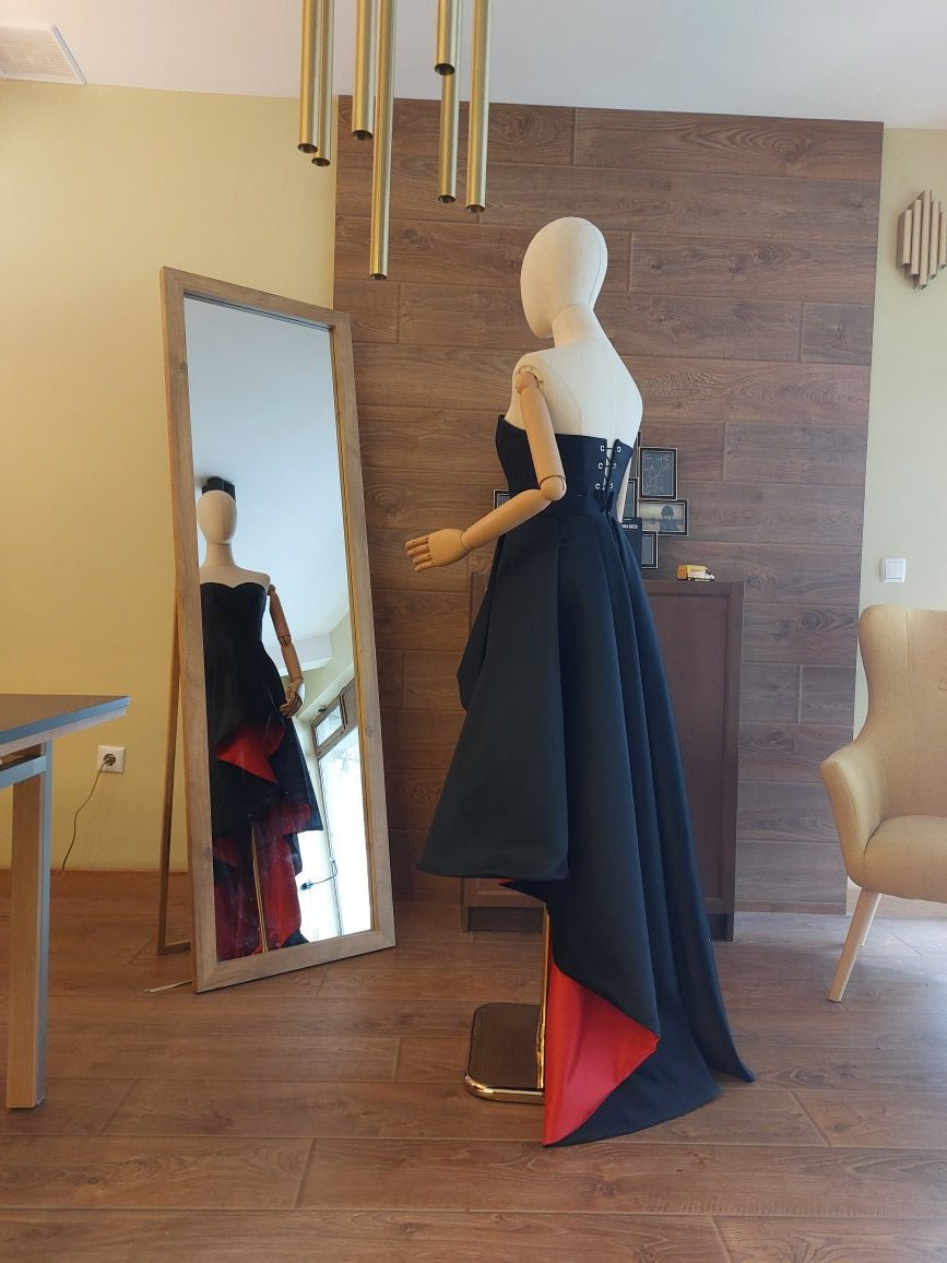 Black & Red Satin Corset and High - Low Skirt Set | Hourglass Corset with Quilted Cups | Couture Evening Outfit - Made To Measure By Asya Kolarova