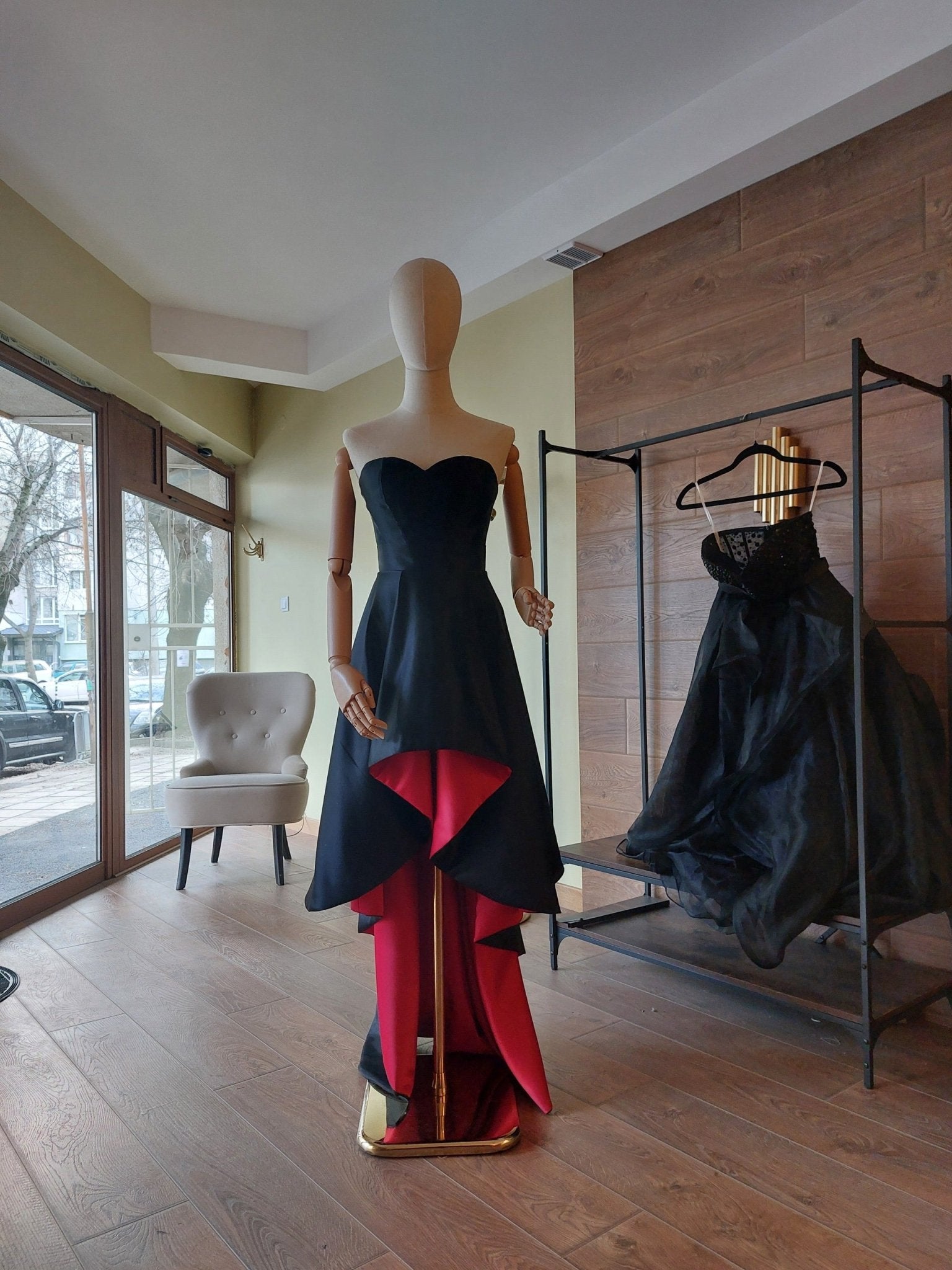 Black & Red Satin Corset and High - Low Skirt Set | Hourglass Corset with Quilted Cups | Couture Evening Outfit - Made To Measure By Asya Kolarova