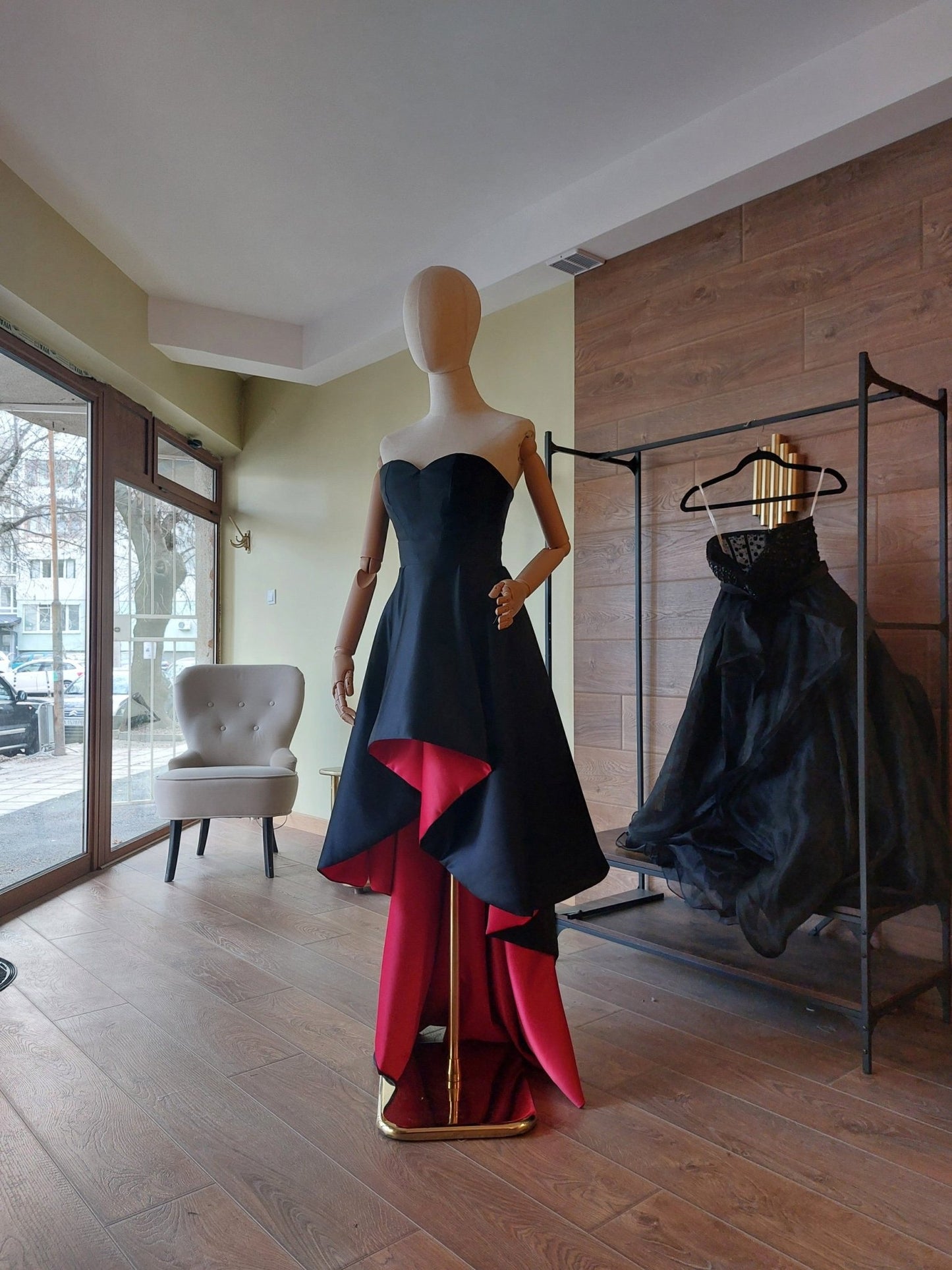 Black & Red Satin Corset and High - Low Skirt Set | Hourglass Corset with Quilted Cups | Couture Evening Outfit - Made To Measure By Asya Kolarova