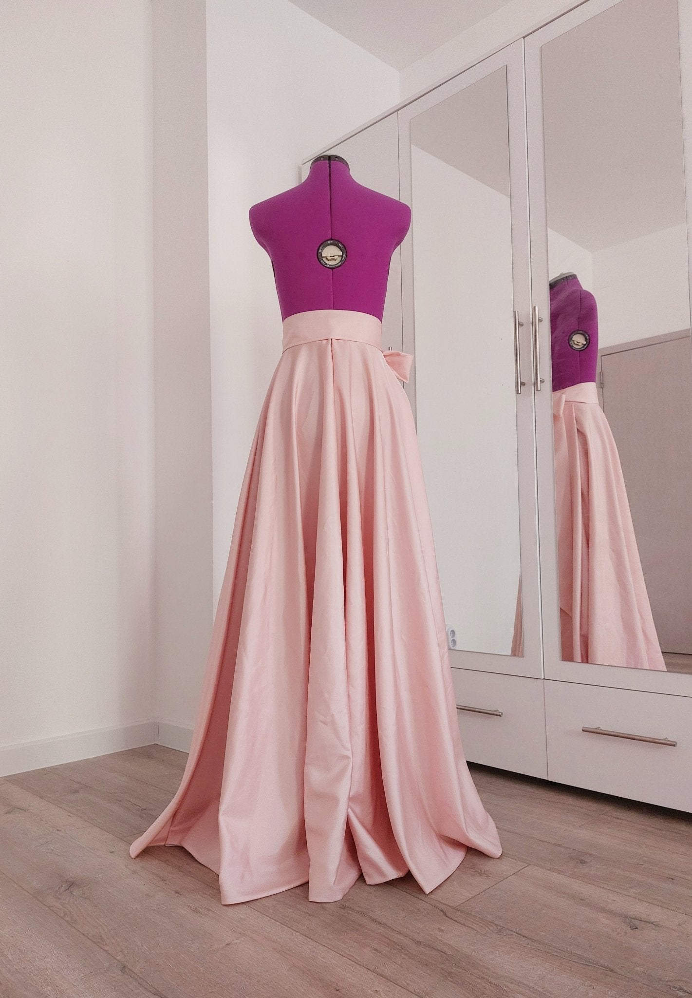 Blush Pink Long Taffeta Skirt with Pockets and Soft Tie Bow - Custom Made by Asya Kolarova Wedding Bridal Bridesmaid Formal Skirt - Made To Measure Skirts By Asya Kolarova