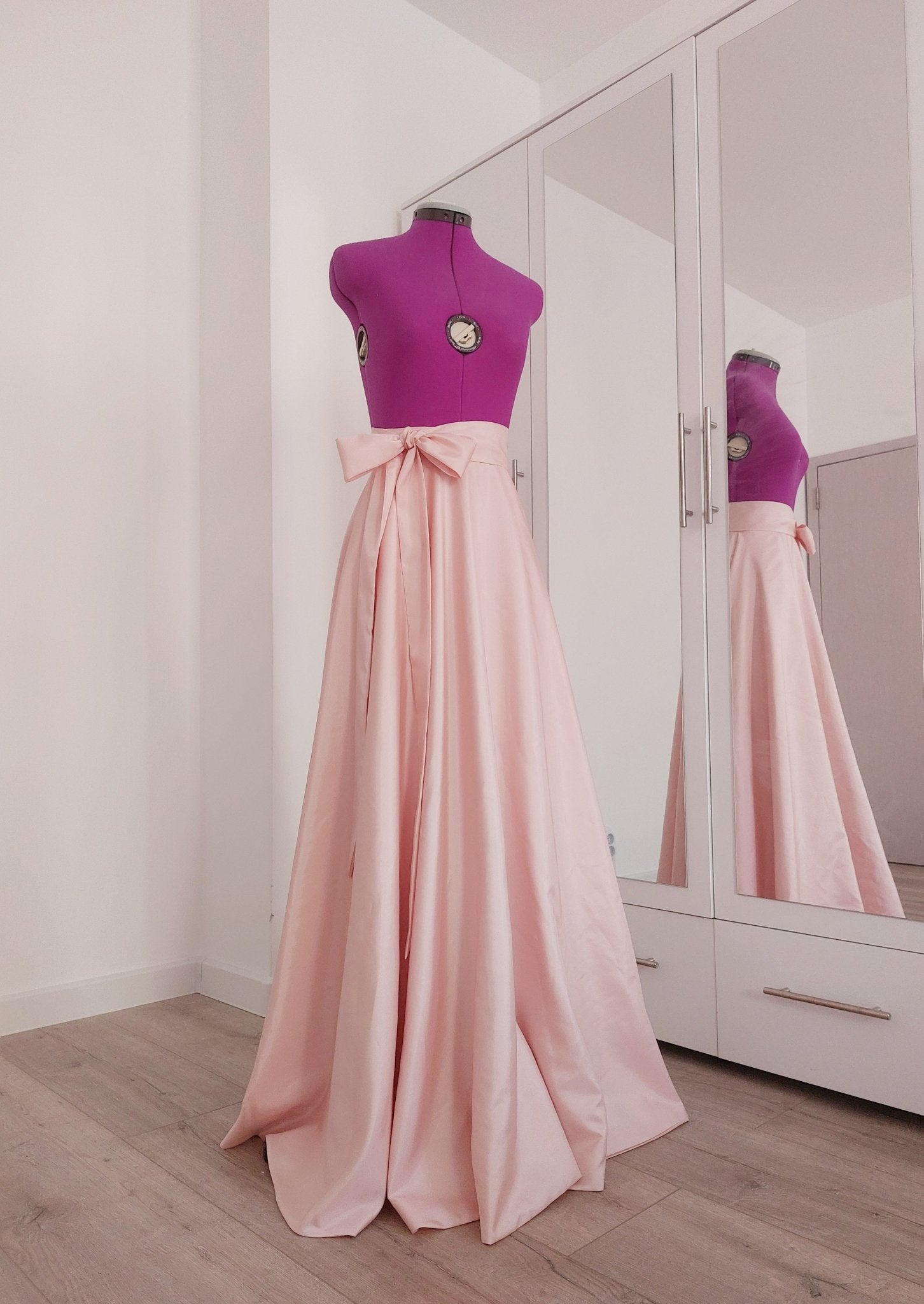 Blush Pink Long Taffeta Skirt with Pockets and Soft Tie Bow - Custom Made by Asya Kolarova Wedding Bridal Bridesmaid Formal Skirt - Made To Measure Skirts By Asya Kolarova