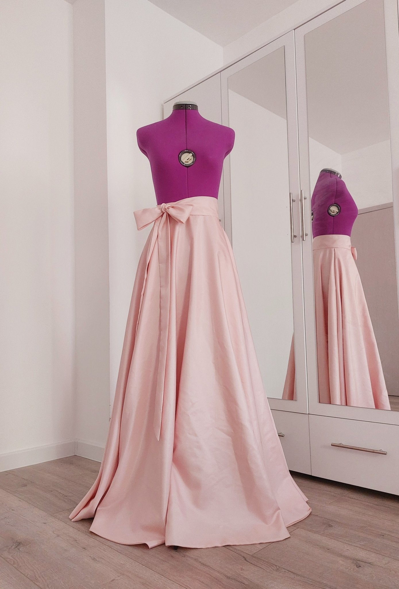 Blush Pink Long Taffeta Skirt with Pockets and Soft Tie Bow - Custom Made by Asya Kolarova Wedding Bridal Bridesmaid Formal Skirt - Made To Measure Skirts By Asya Kolarova