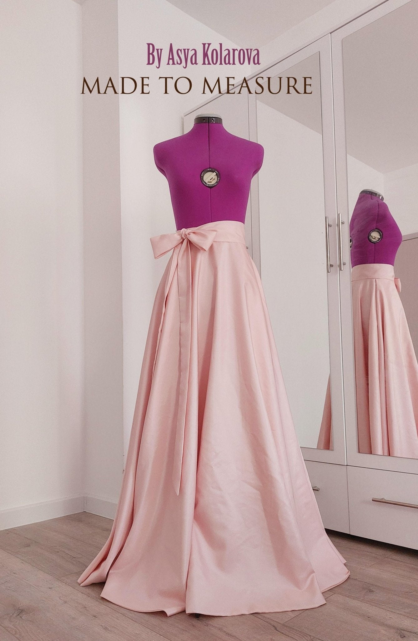 Blush Pink Long Taffeta Skirt with Pockets and Soft Tie Bow - Custom Made by Asya Kolarova Wedding Bridal Bridesmaid Formal Skirt - Made To Measure Skirts By Asya Kolarova