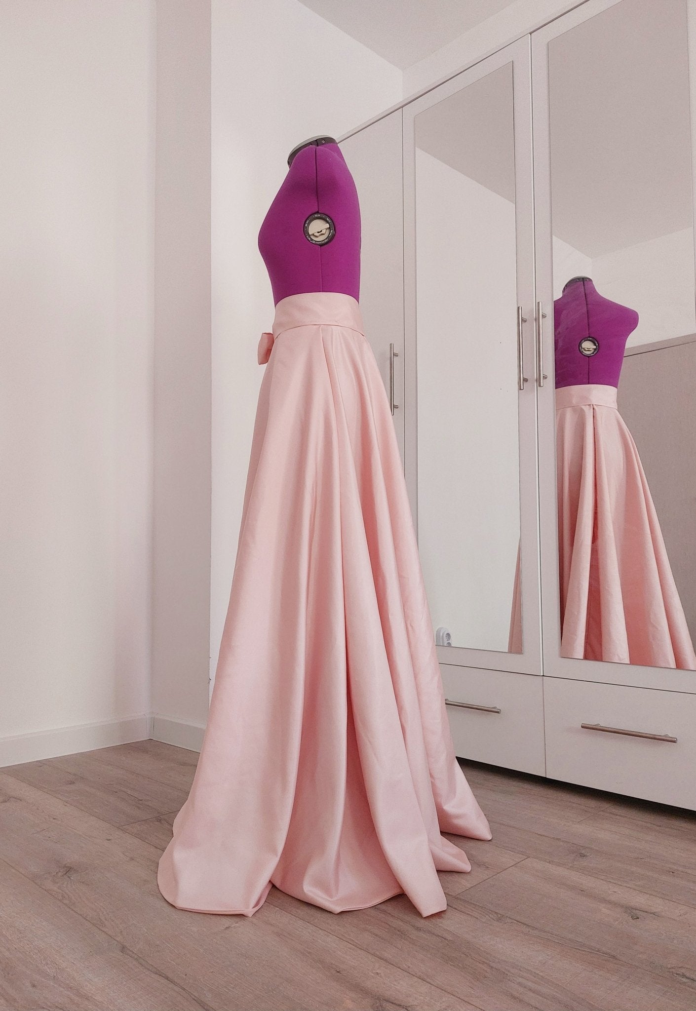 Blush Pink Long Taffeta Skirt with Pockets and Soft Tie Bow - Custom Made by Asya Kolarova Wedding Bridal Bridesmaid Formal Skirt - Made To Measure Skirts By Asya Kolarova