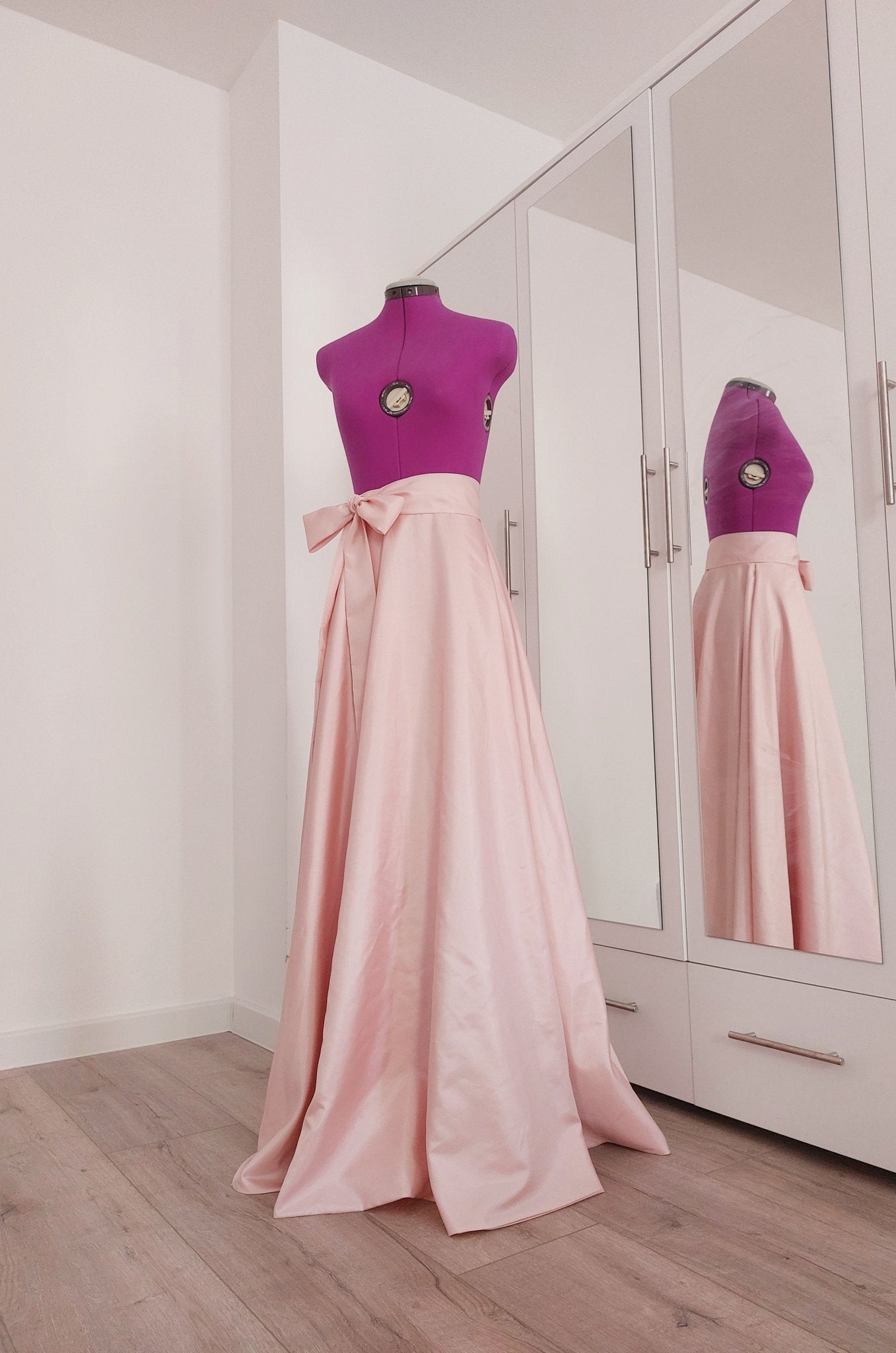 Blush Pink Long Taffeta Skirt with Pockets and Soft Tie Bow - Custom Made by Asya Kolarova Wedding Bridal Bridesmaid Formal Skirt - Made To Measure Skirts By Asya Kolarova