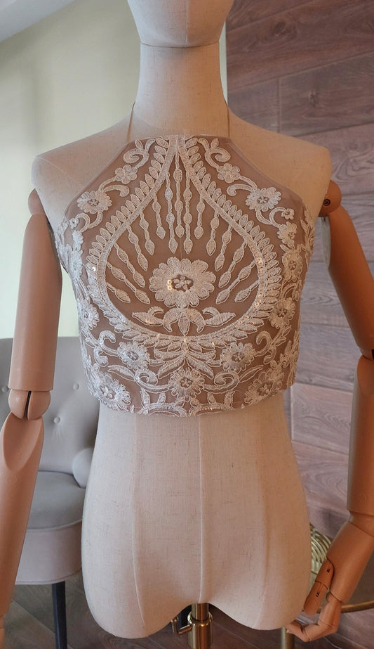 Bridal Lace Top, Halter Neck Wedding Crop Top, Open Back Bridal Top, Nude Illusion Lace Bodice, Wedding Separates - Asya Kolarova