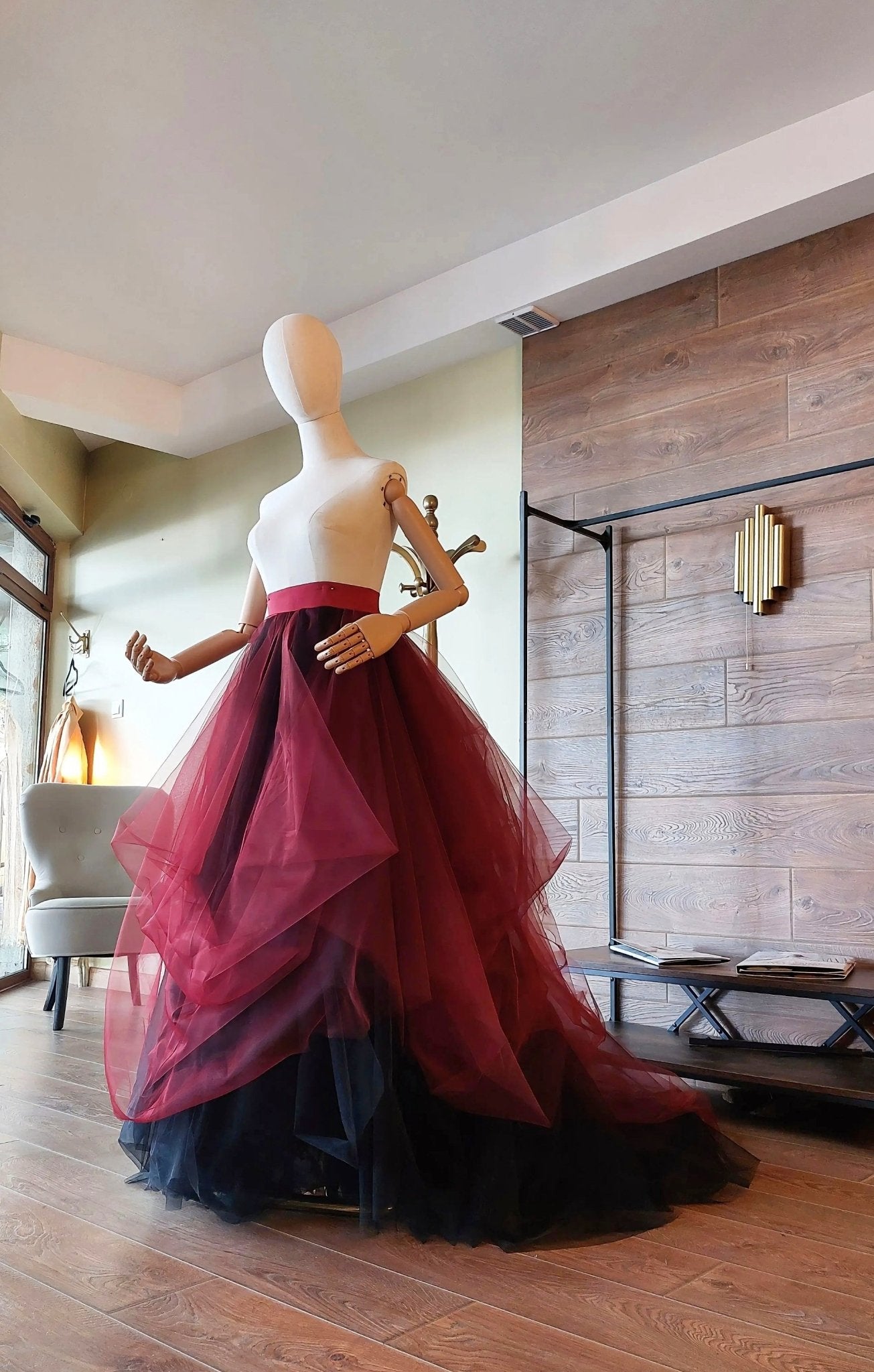 Burgundy Black Draped Tulle Skirt with Train, Layered Maxi Skirt, Gothic Wedding Skirt, Alternative Bridal Skirt, Custom Made - Asya Kolarova