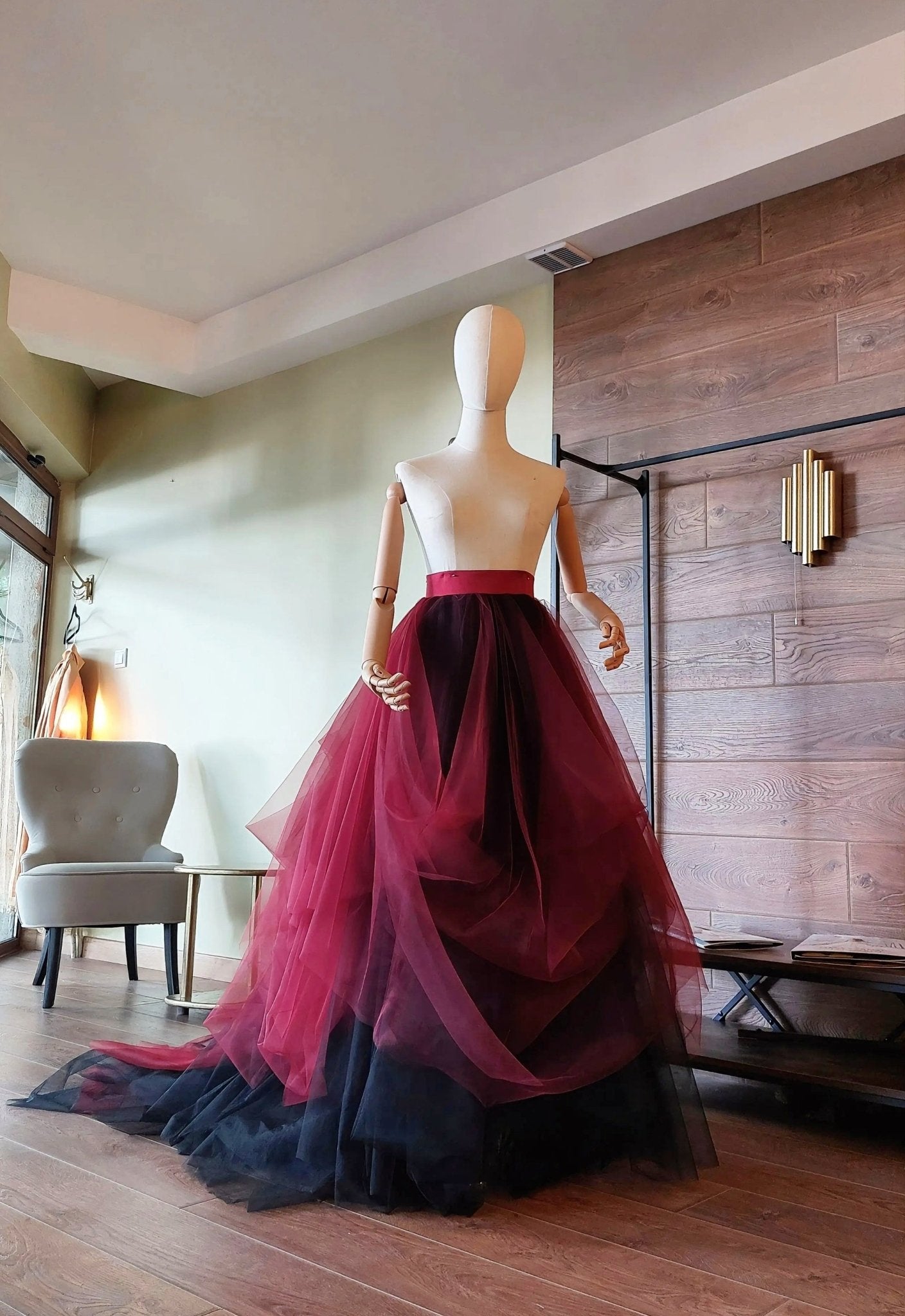 Burgundy Black Draped Tulle Skirt with Train, Layered Maxi Skirt, Gothic Wedding Skirt, Alternative Bridal Skirt, Custom Made - Asya Kolarova
