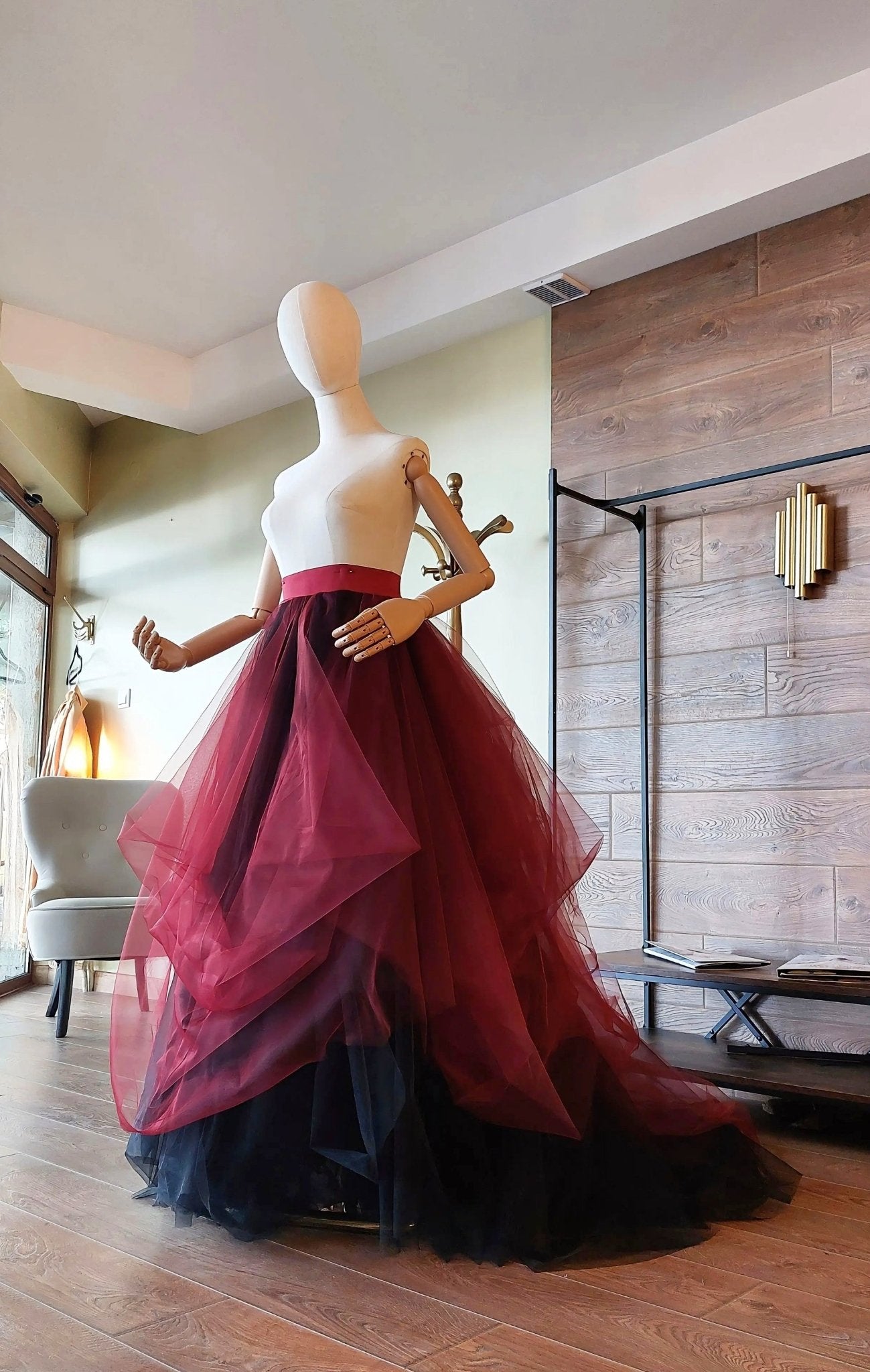 Burgundy Black Draped Tulle Skirt with Train, Layered Maxi Skirt, Gothic Wedding Skirt, Alternative Bridal Skirt, Custom Made - Asya Kolarova