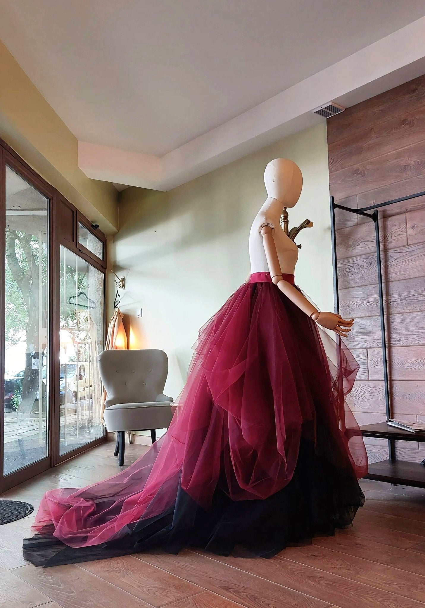 Burgundy Black Draped Tulle Skirt with Train, Layered Maxi Skirt, Gothic Wedding Skirt, Alternative Bridal Skirt, Custom Made - Asya Kolarova