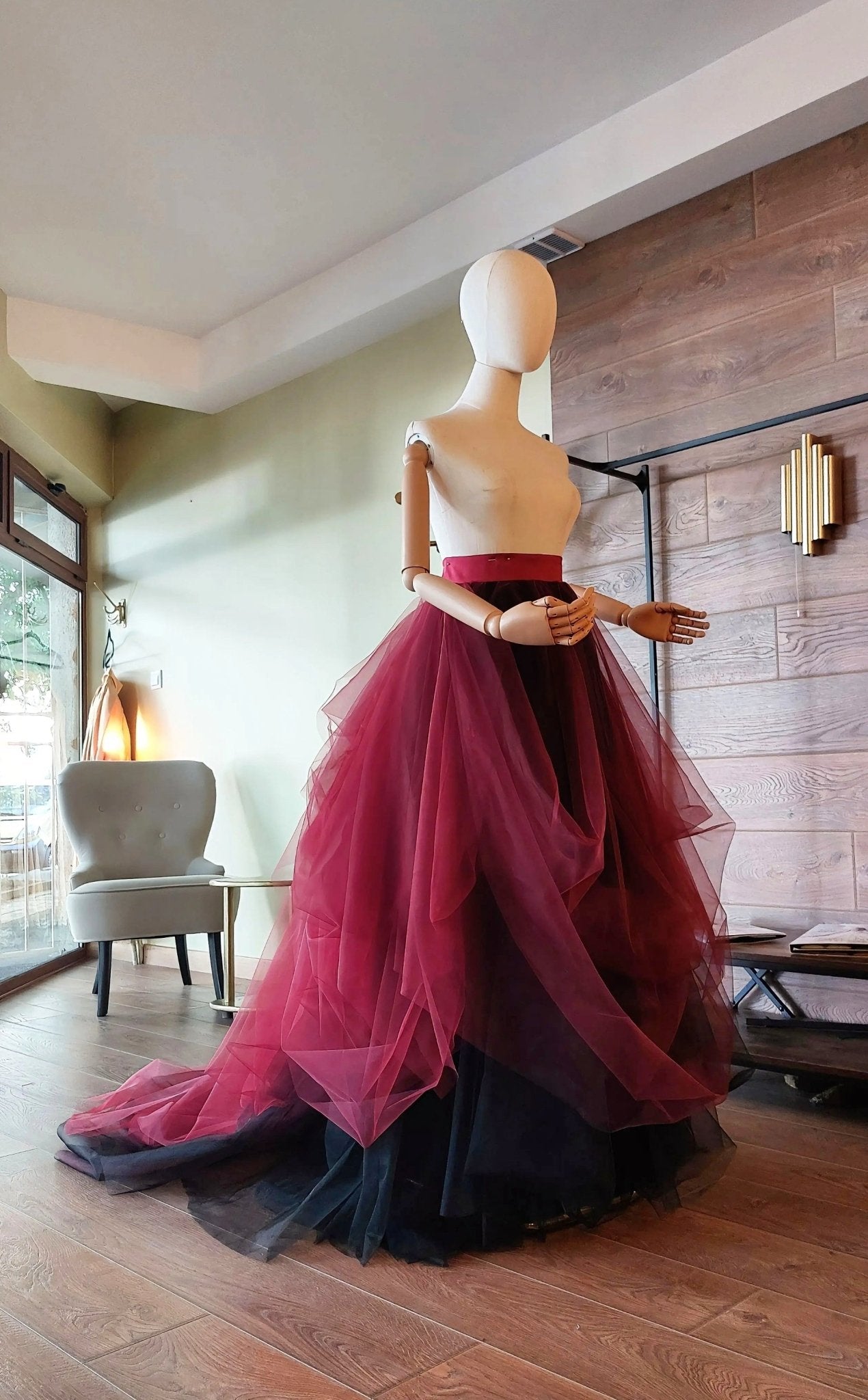 Burgundy Black Draped Tulle Skirt with Train, Layered Maxi Skirt, Gothic Wedding Skirt, Alternative Bridal Skirt, Custom Made - Asya Kolarova