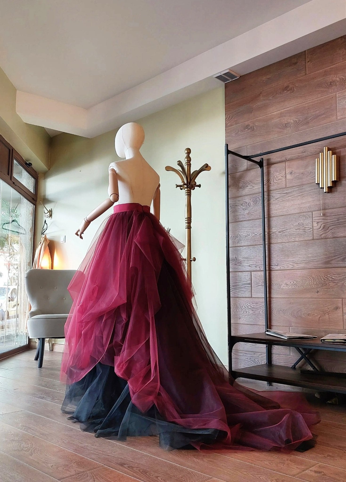Burgundy Black Draped Tulle Skirt with Train, Layered Maxi Skirt, Gothic Wedding Skirt, Alternative Bridal Skirt, Custom Made - Asya Kolarova