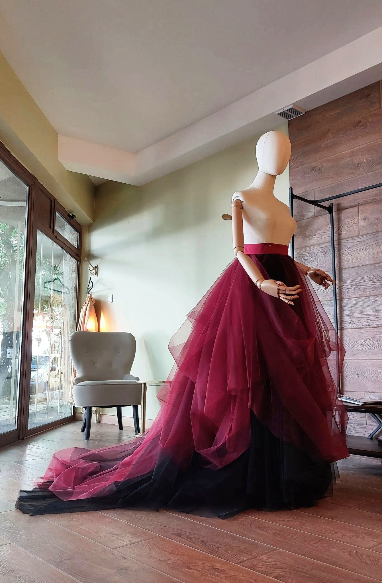 Burgundy Black Draped Tulle Skirt with Train, Layered Maxi Skirt, Gothic Wedding Skirt, Alternative Bridal Skirt, Custom Made - Asya Kolarova