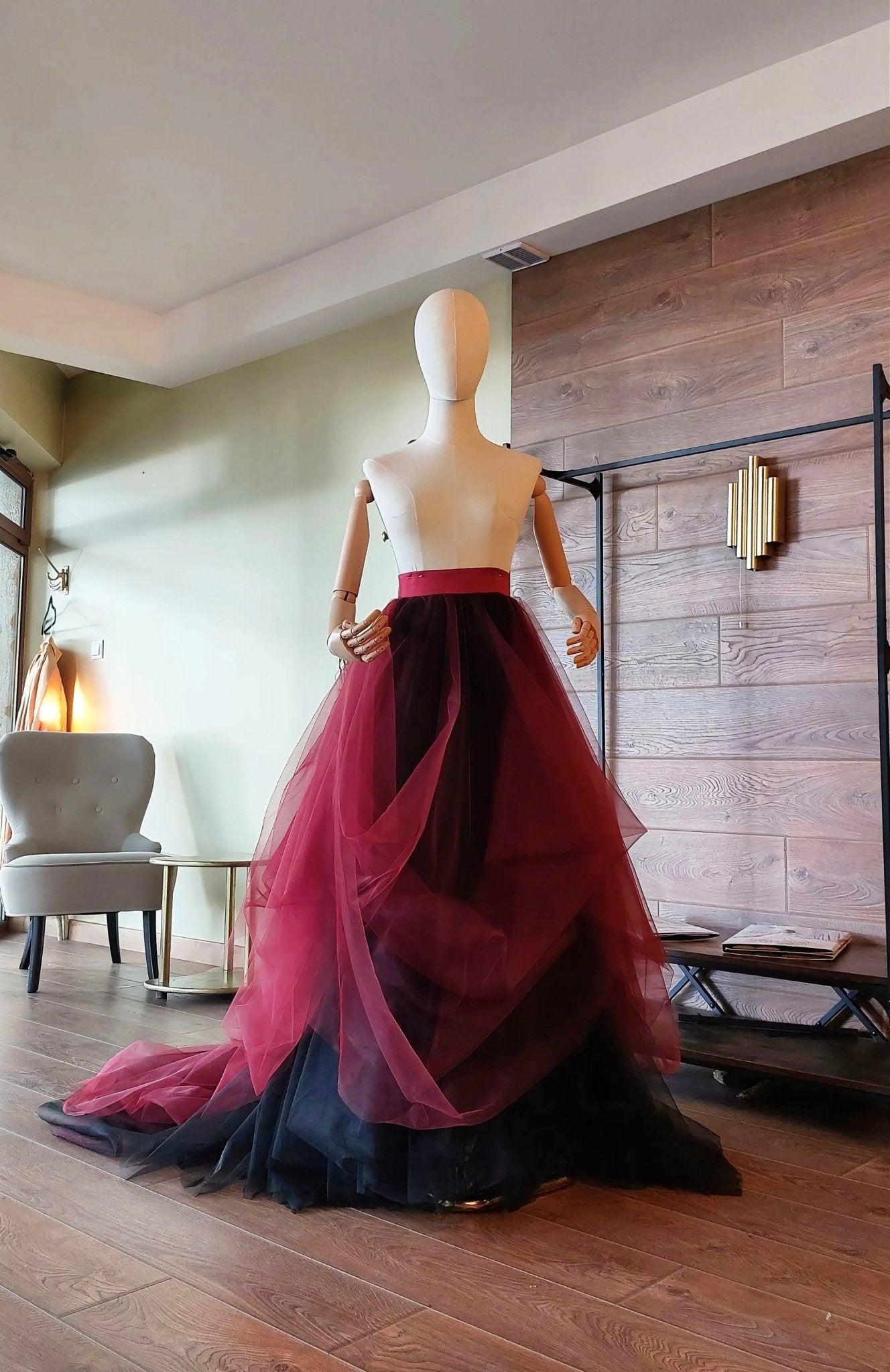 Burgundy Black Draped Tulle Skirt with Train, Layered Maxi Skirt, Gothic Wedding Skirt, Alternative Bridal Skirt, Custom Made - Asya Kolarova