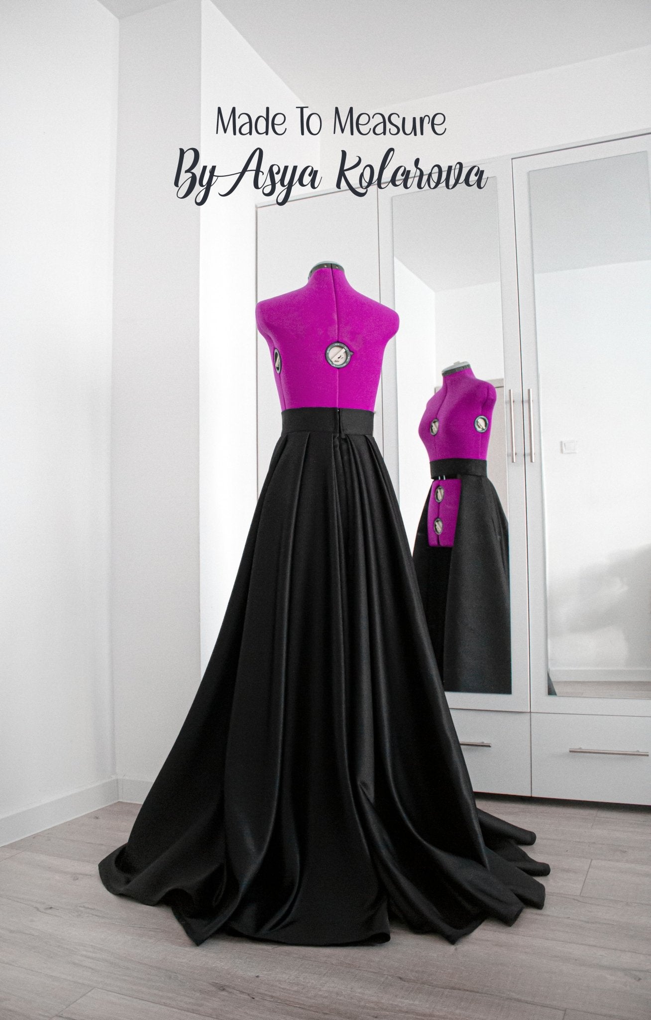 Custom Full - Circle Black Matte Satin Overskirt - Floor - Length, Front Open or Closed Option, Detachable Train - Perfect for Special Events - Made To Measure Skirts By Asya Kolarova