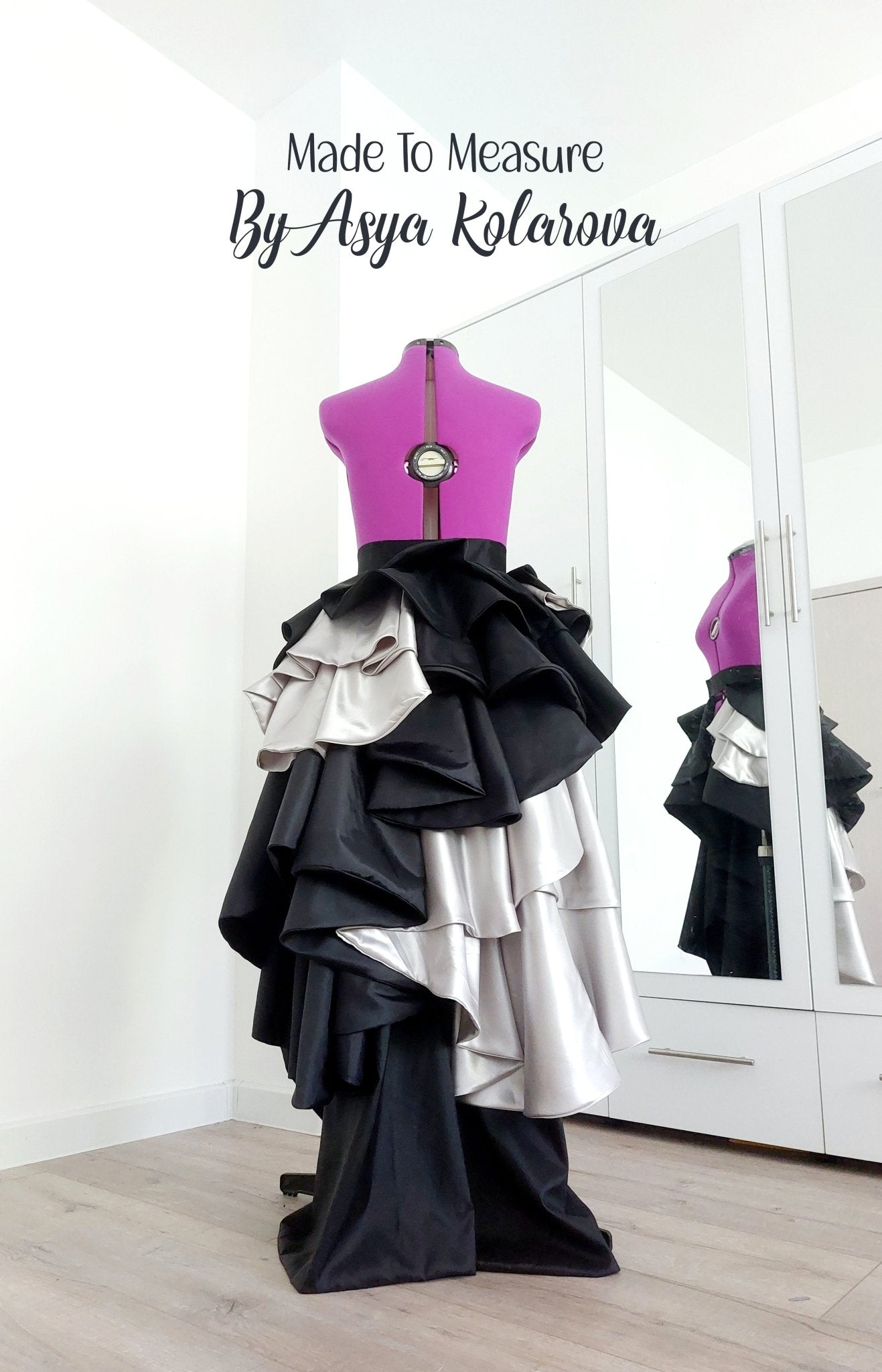 Custom - Made Ruffle Detachable Skirt in Black and Silver Taffeta - Floor - Length, Formal Skirt for Special Events - Made To Measure Skirts By Asya Kolarova