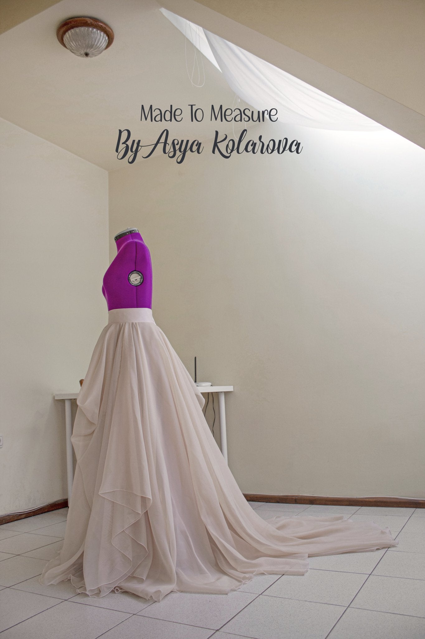 Custom Nude and Blush Draped Asymmetrical Wedding Skirt with Chapel Train by Asya Kolarova - Made To Measure Skirts By Asya Kolarova