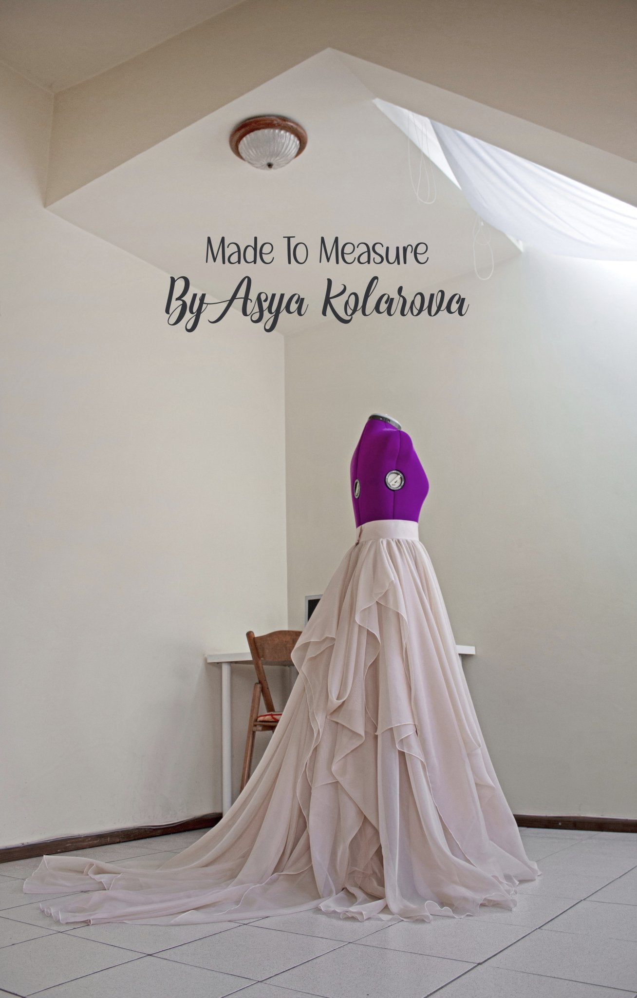 Custom Nude and Blush Draped Asymmetrical Wedding Skirt with Chapel Train by Asya Kolarova - Made To Measure Skirts By Asya Kolarova