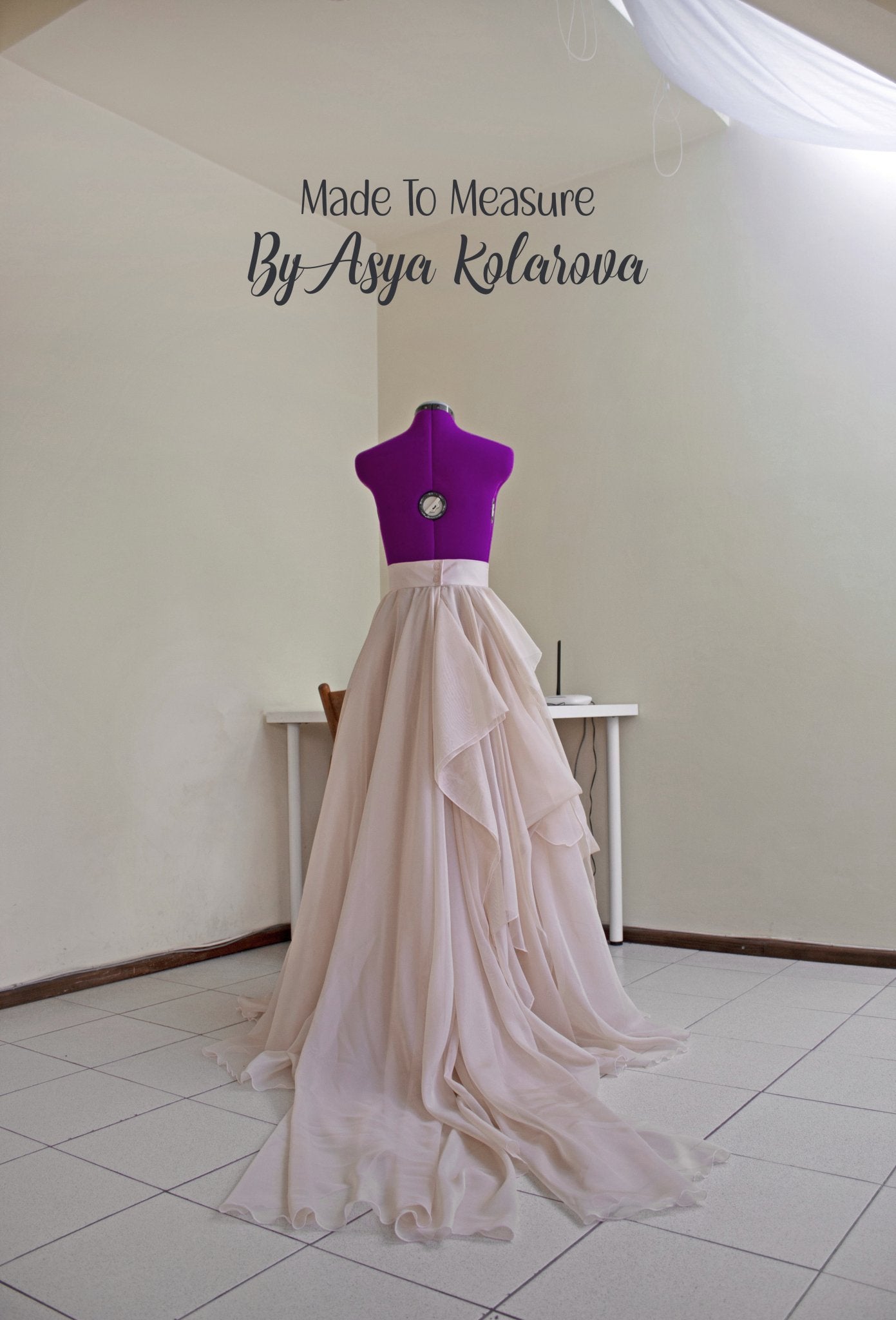 Custom Nude and Blush Draped Asymmetrical Wedding Skirt with Chapel Train by Asya Kolarova - Made To Measure Skirts By Asya Kolarova