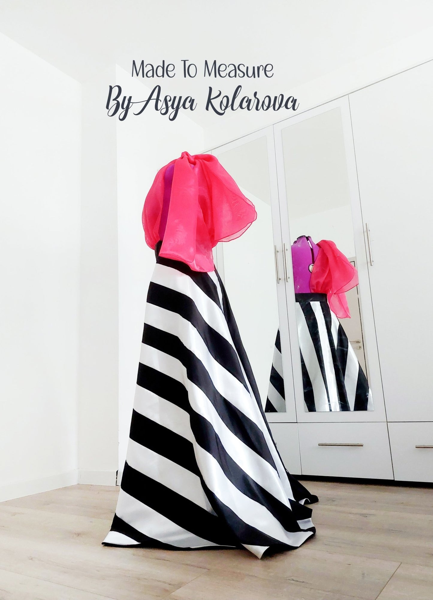 Detachable Skirt made from Handmade Black and White Matte Satin Stripes and Magenta Organza Sleeve Custom Made By Asya Kolarova Open Satin Dress - Made To Measure Skirts By Asya Kolarova