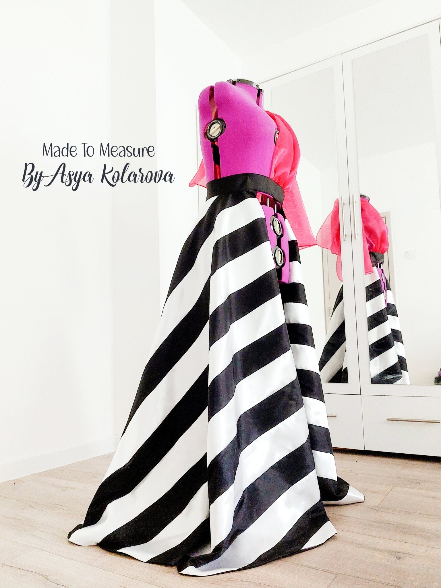 Detachable Skirt made from Handmade Black and White Matte Satin Stripes and Magenta Organza Sleeve Custom Made By Asya Kolarova Open Satin Dress - Made To Measure Skirts By Asya Kolarova