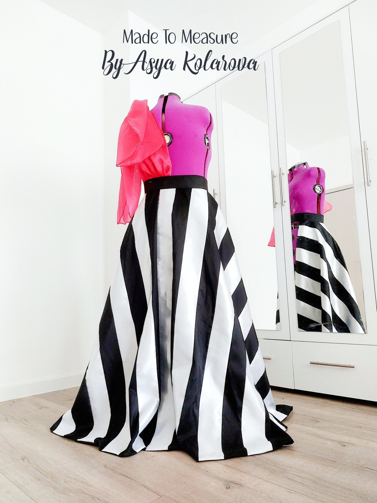 Detachable Skirt made from Handmade Black and White Matte Satin Stripes and Magenta Organza Sleeve Custom Made By Asya Kolarova Open Satin Dress - Made To Measure Skirts By Asya Kolarova