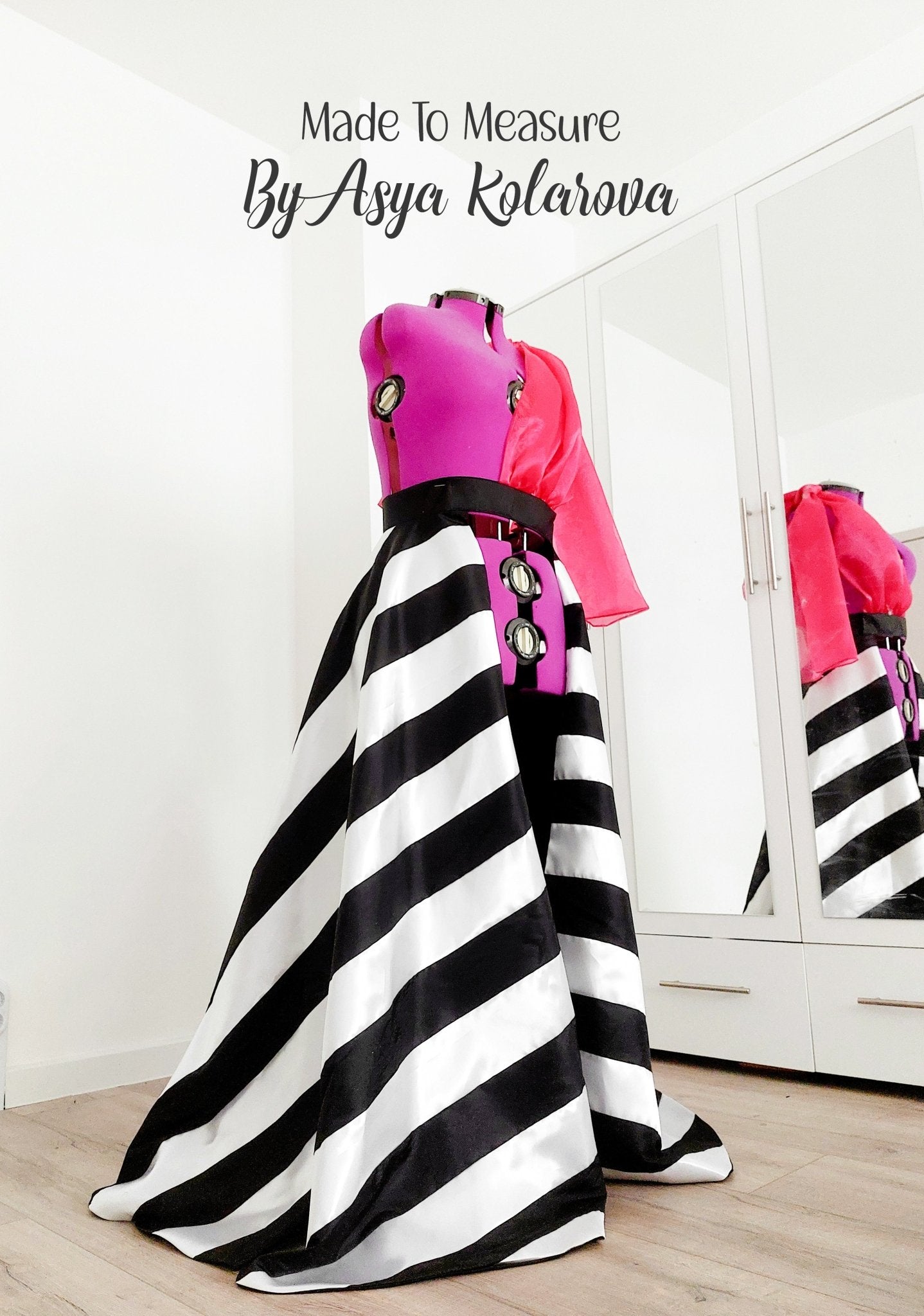 Detachable Skirt made from Handmade Black and White Matte Satin Stripes and Magenta Organza Sleeve Custom Made By Asya Kolarova Open Satin Dress - Made To Measure Skirts By Asya Kolarova