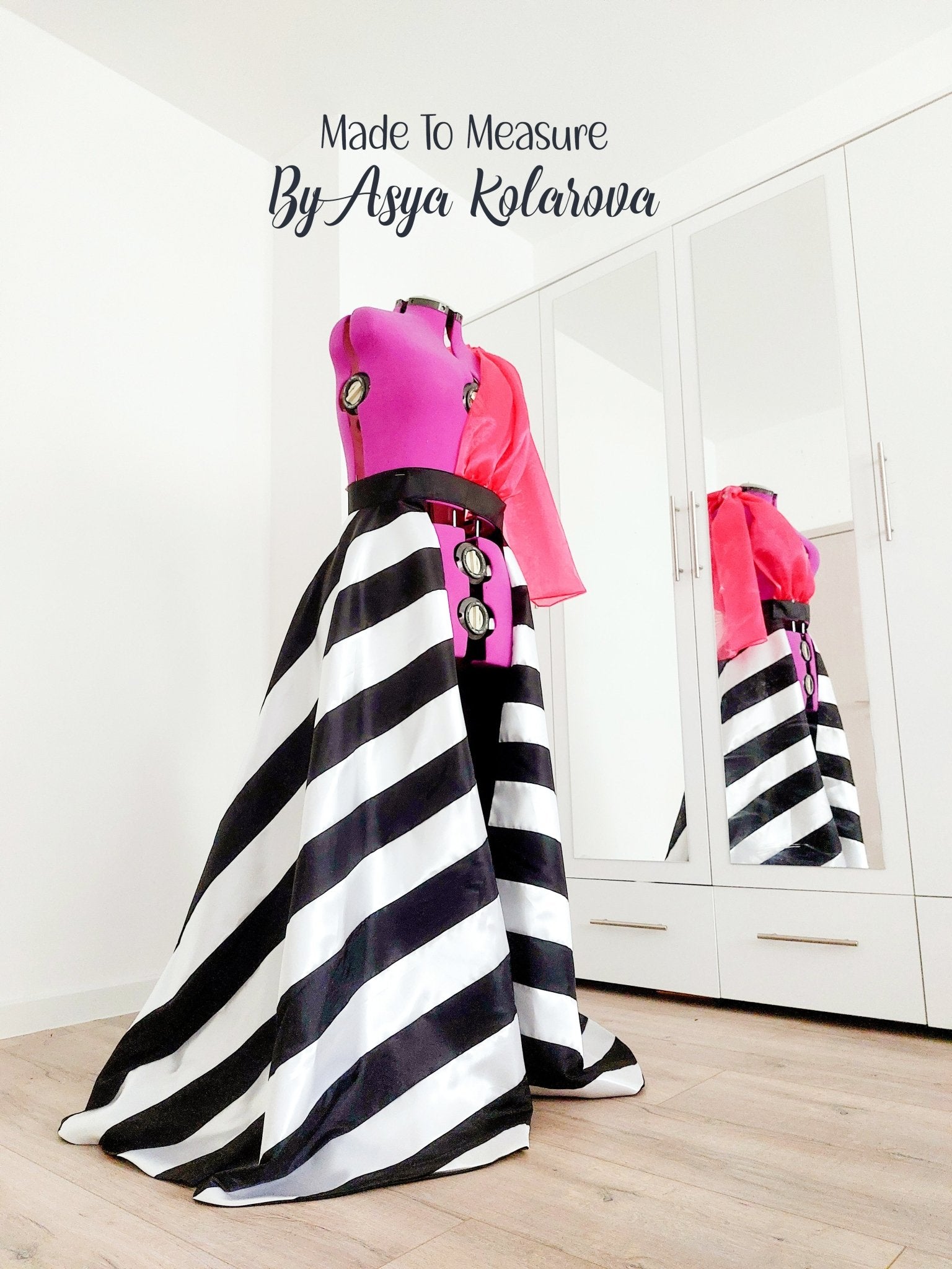 Detachable Skirt made from Handmade Black and White Matte Satin Stripes and Magenta Organza Sleeve Custom Made By Asya Kolarova Open Satin Dress - Made To Measure Skirts By Asya Kolarova