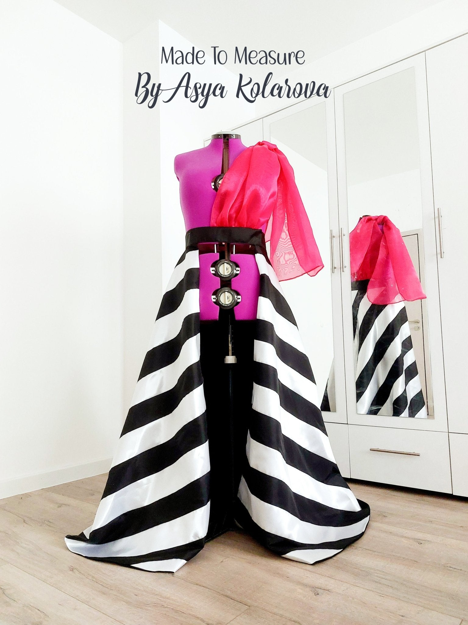 Detachable Skirt made from Handmade Black and White Matte Satin Stripes and Magenta Organza Sleeve Custom Made By Asya Kolarova Open Satin Dress - Made To Measure Skirts By Asya Kolarova