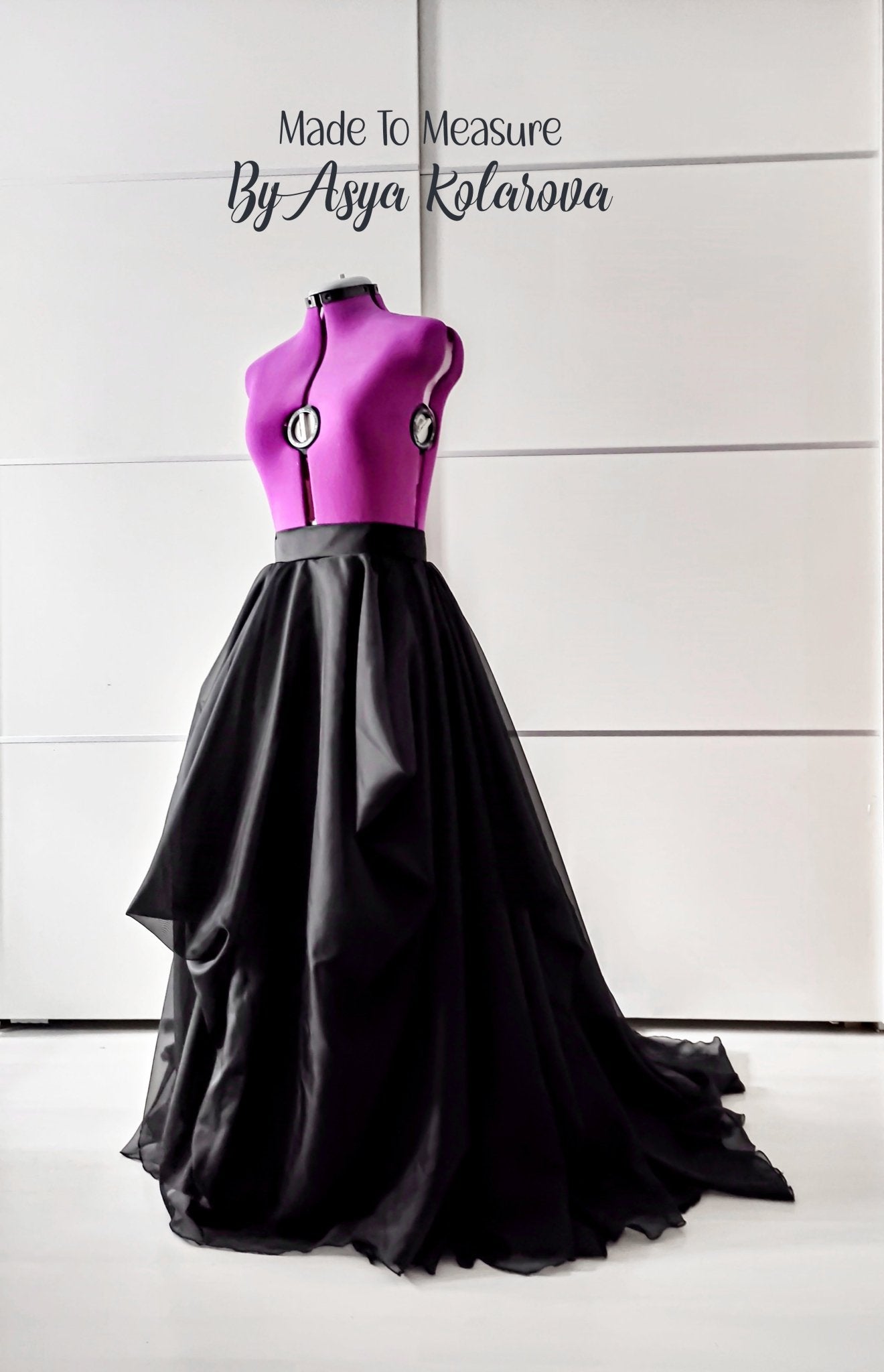 Dramatic Black Draped Voile Skirt with Cathedral Train Asymmetircal Design– Made By Asya Kolarova Custom Colors Available - Made To Measure Skirts By Asya Kolarova