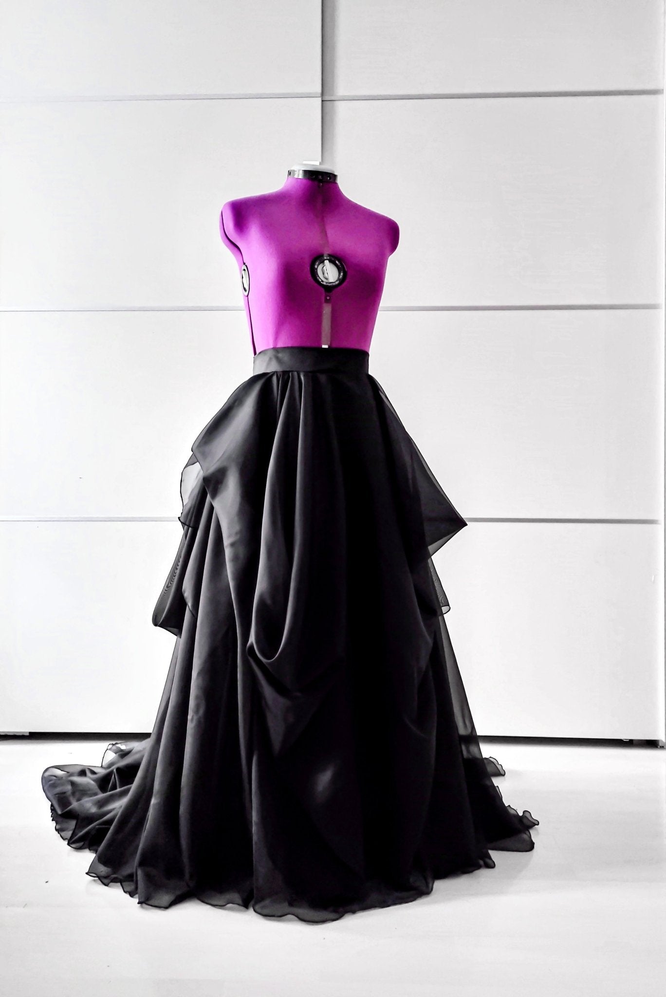 Dramatic Black Draped Voile Skirt with Cathedral Train Asymmetircal Design– Made By Asya Kolarova Custom Colors Available - Made To Measure Skirts By Asya Kolarova