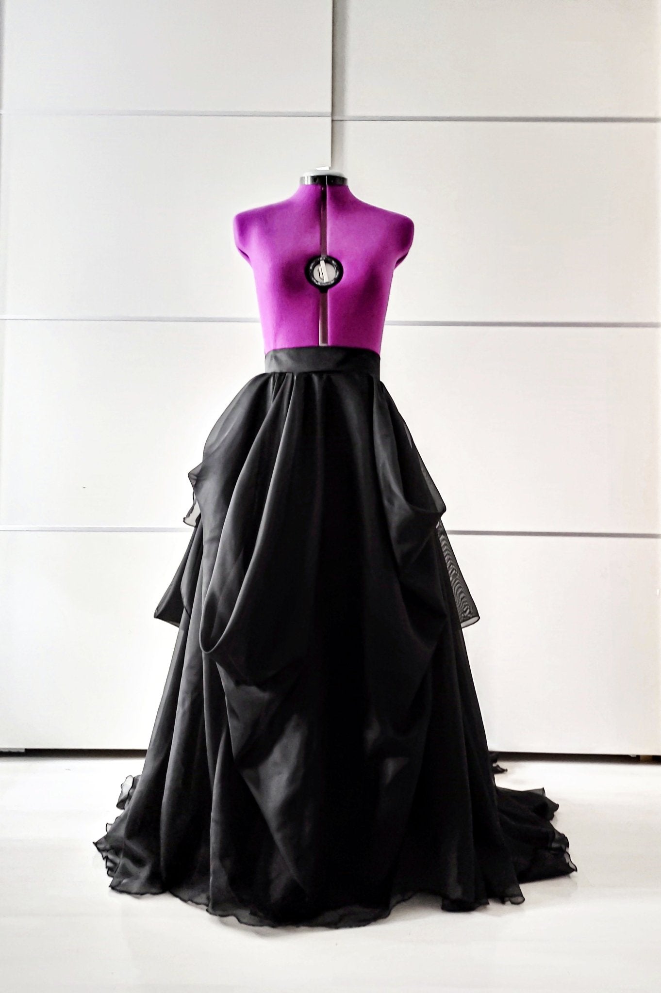 Dramatic Black Draped Voile Skirt with Cathedral Train Asymmetircal Design– Made By Asya Kolarova Custom Colors Available - Made To Measure Skirts By Asya Kolarova