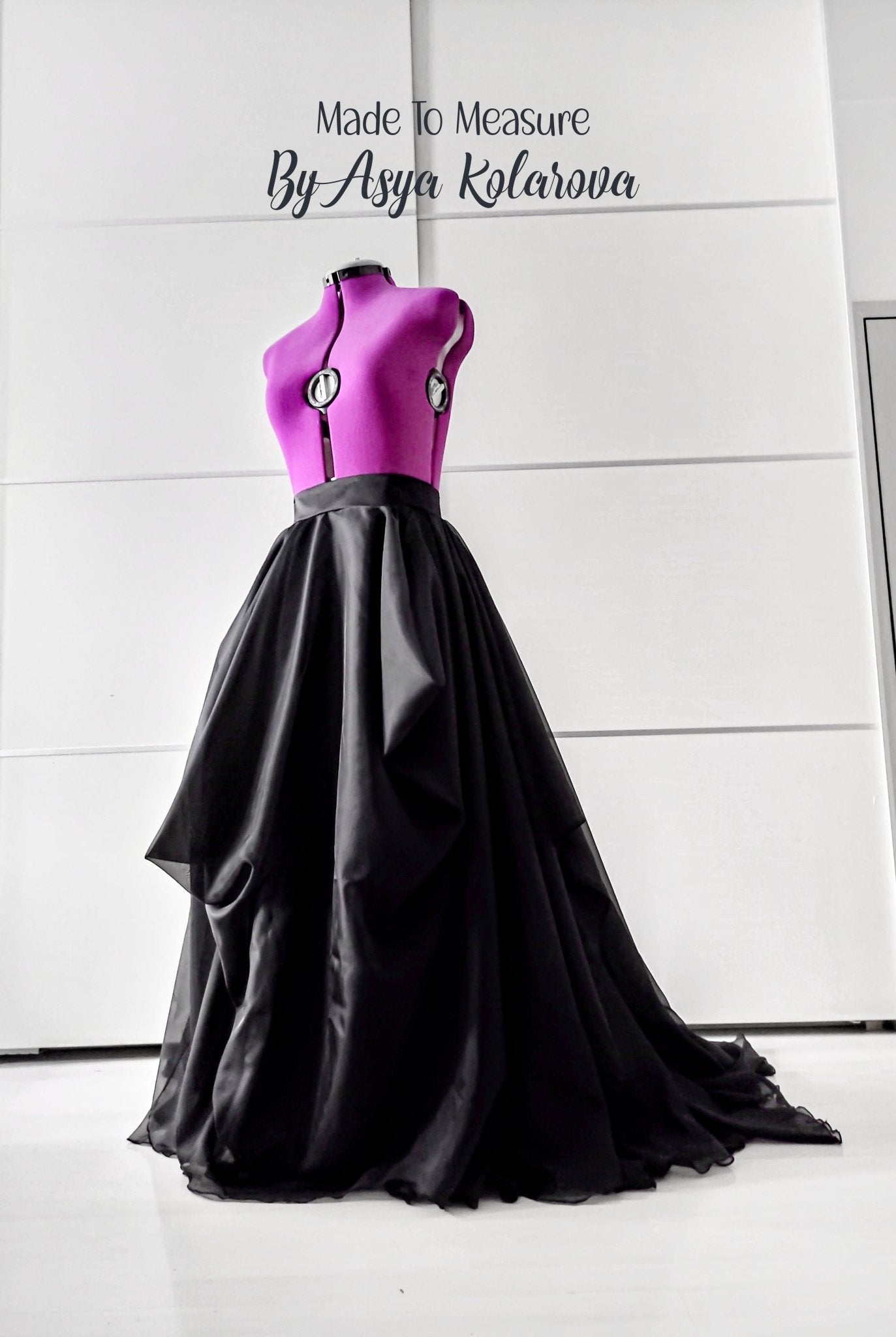 Dramatic Black Draped Voile Skirt with Cathedral Train Asymmetircal Design– Made By Asya Kolarova Custom Colors Available - Made To Measure Skirts By Asya Kolarova