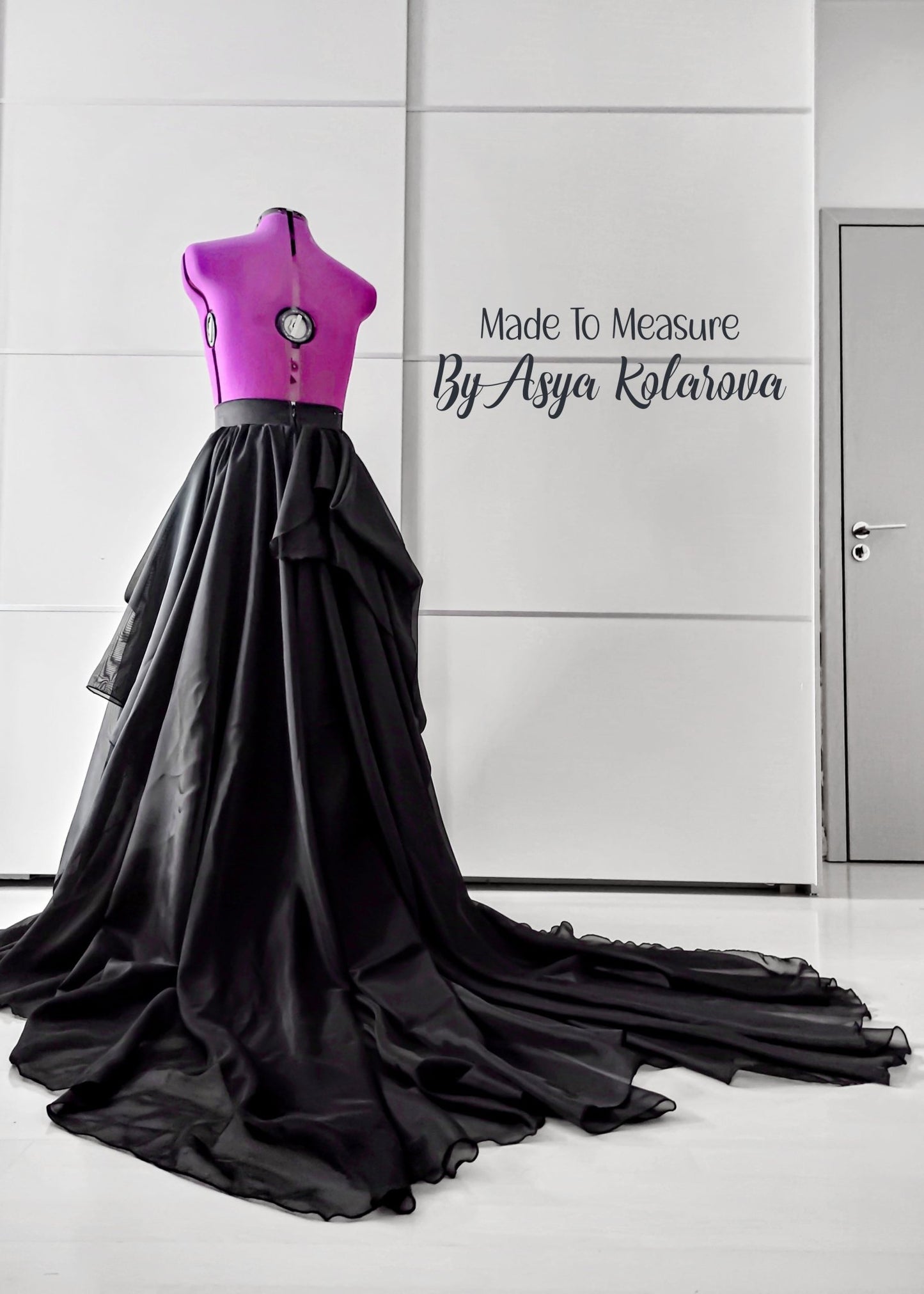 Dramatic Black Draped Voile Skirt with Cathedral Train Asymmetircal Design– Made By Asya Kolarova Custom Colors Available - Made To Measure Skirts By Asya Kolarova