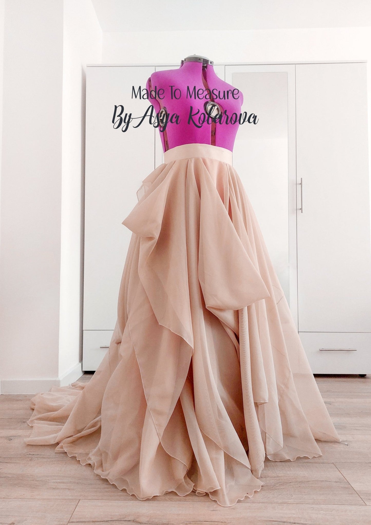 Draped Bridal Skirt with Long Train Full Wedding Skirt in Tan and Blush Colors Ceremony Photo Sessions Special Occasion Made To Measure - Made To Measure Skirts By Asya Kolarova