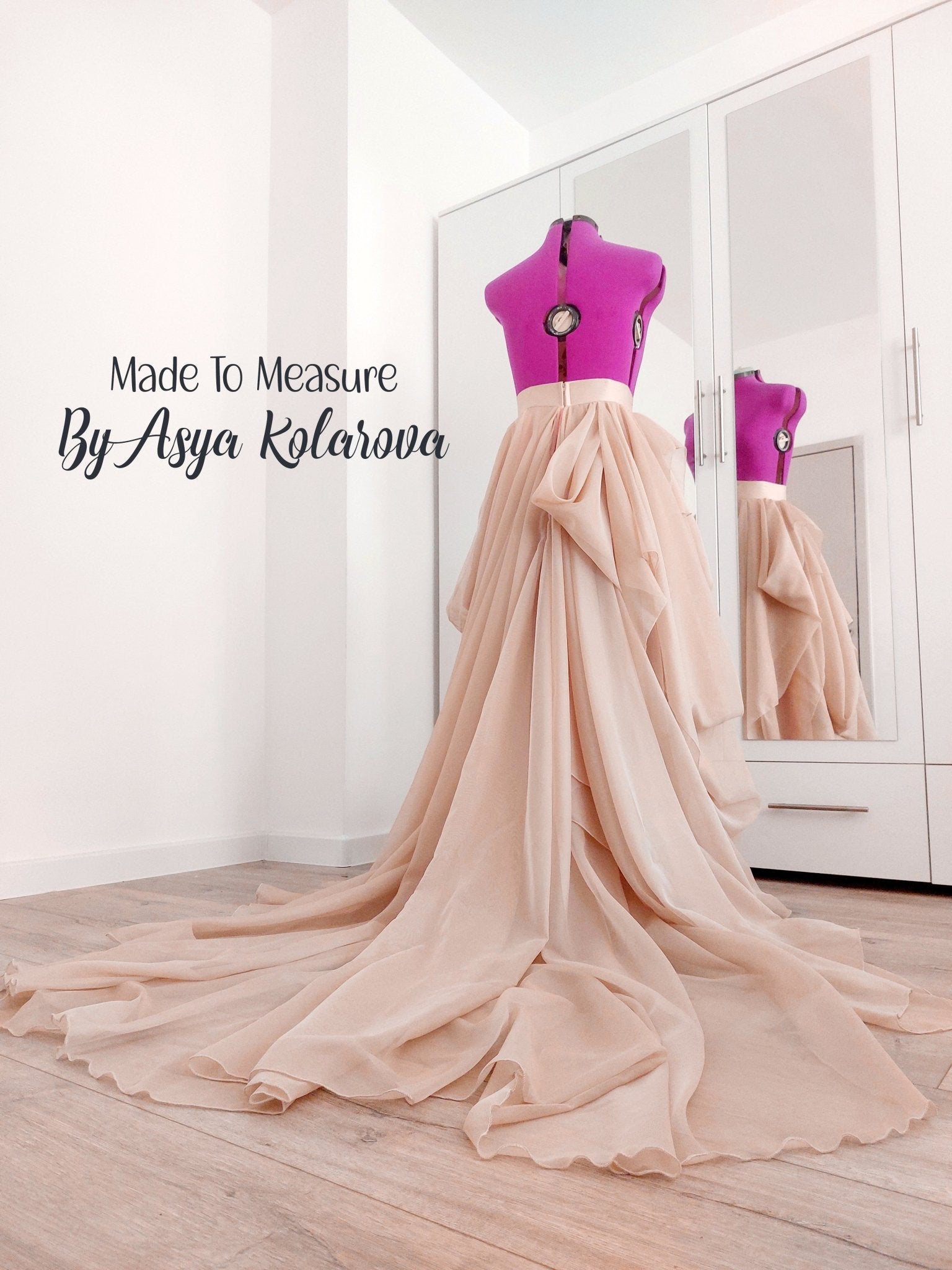 Draped Bridal Skirt with Long Train Full Wedding Skirt in Tan and Blush Colors Ceremony Photo Sessions Special Occasion Made To Measure - Made To Measure Skirts By Asya Kolarova