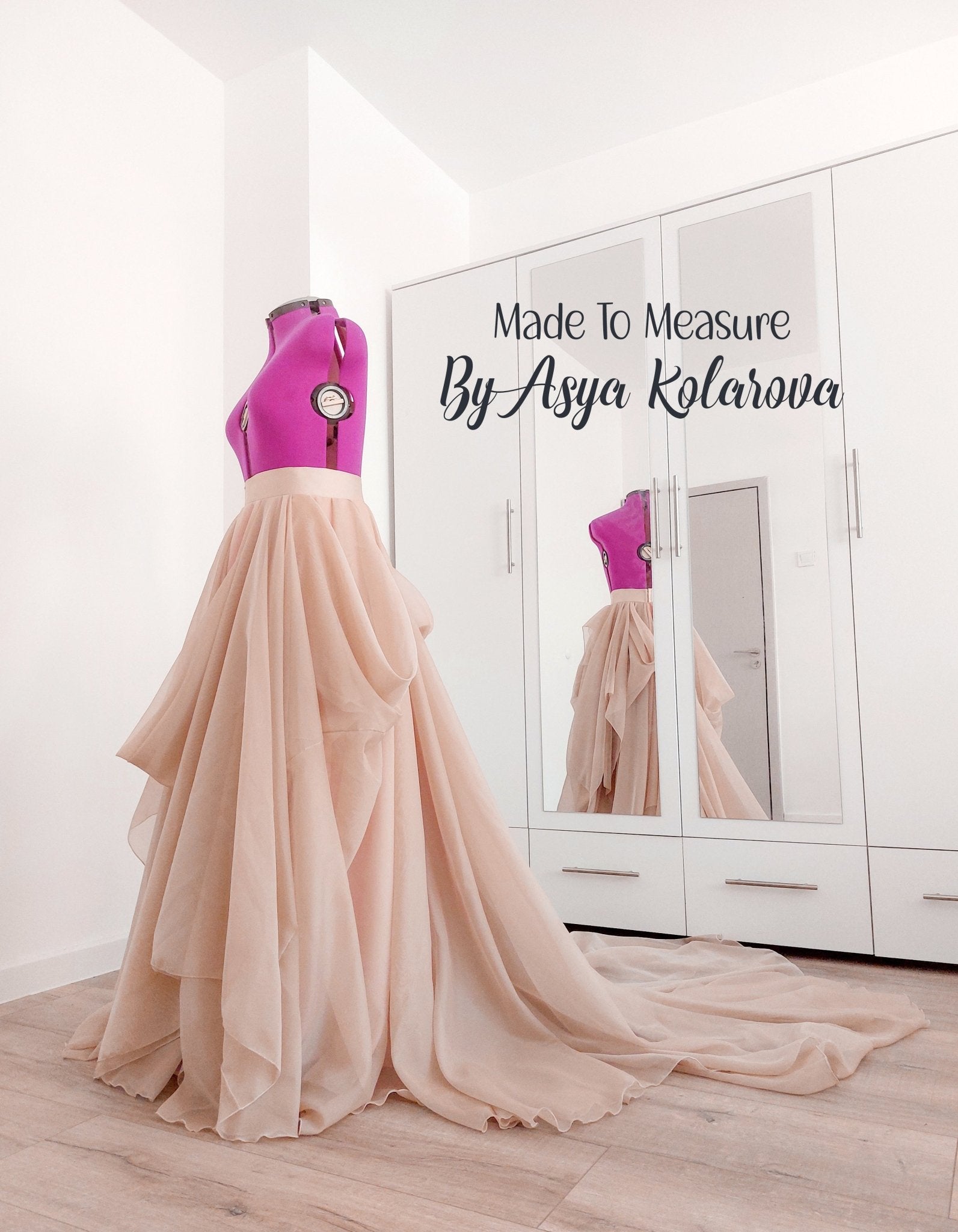 Draped Bridal Skirt with Long Train Full Wedding Skirt in Tan and Blush Colors Ceremony Photo Sessions Special Occasion Made To Measure - Made To Measure Skirts By Asya Kolarova